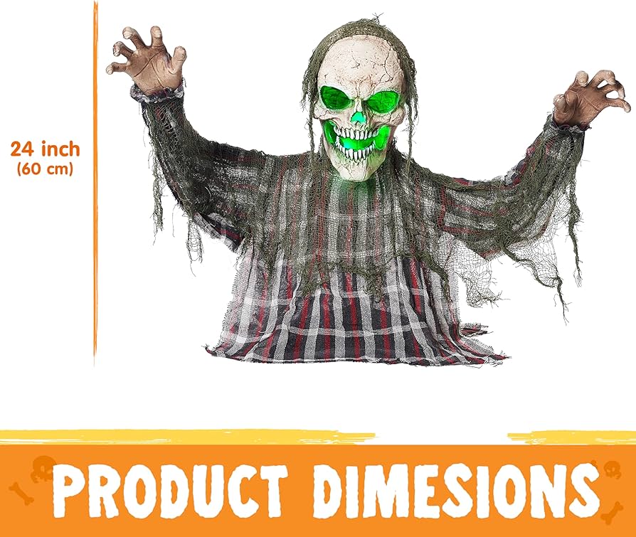 JOYIN Halloween Animatronics Decorations Outdoor, Animated Zombie Groundbreaker Outside Decor, 25'' Groundbreaker Skeleton Prop with Moving Arms & Green Light, Lawn Yard Haunted Hoe Graveyard Decor
