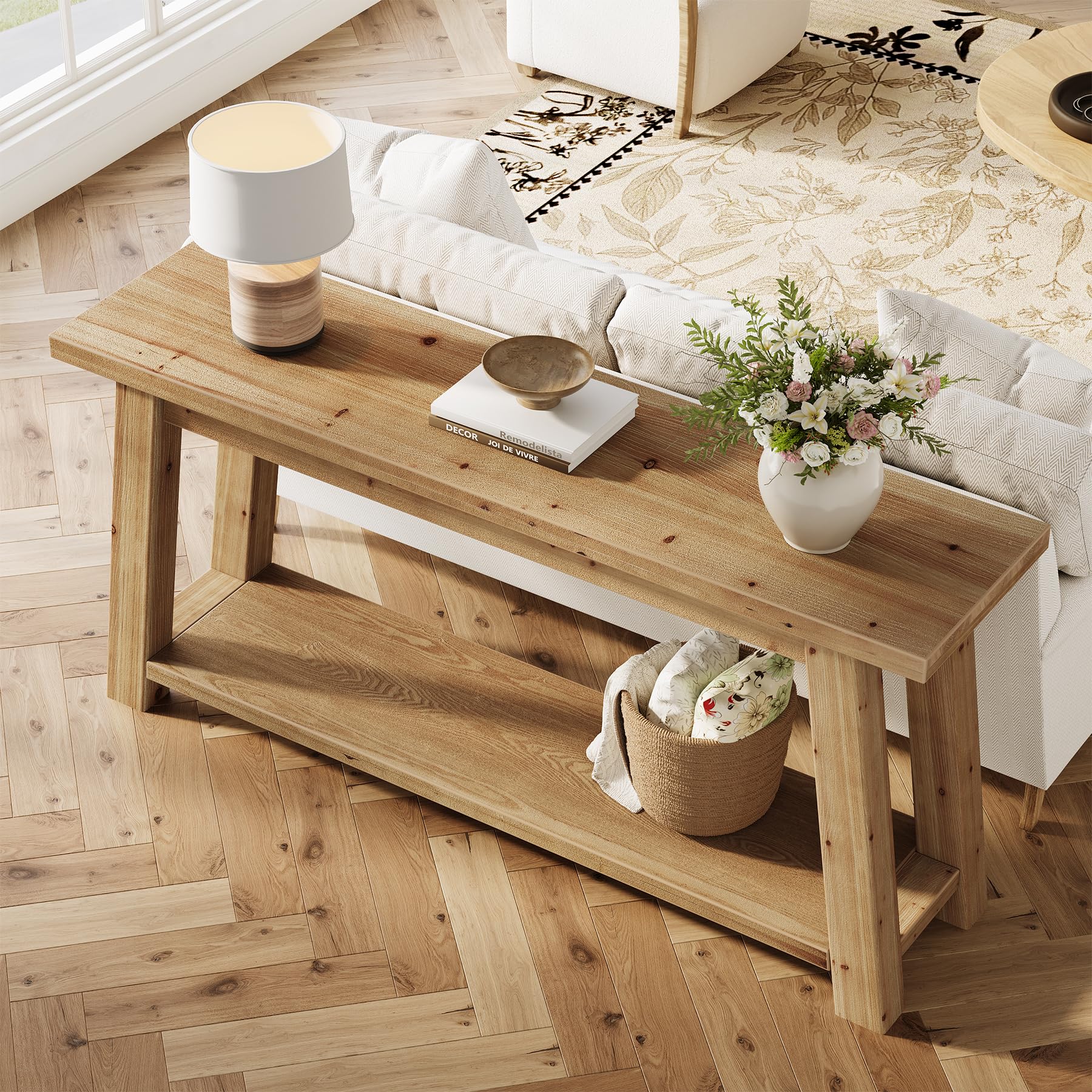 Consola de madera maciza 180 cm, 2 niveles, mesa de sofá estrecha estilo granja para entrada, sala de estar, dormitorio, detrás del sofá, color madera natural, montaje fácil