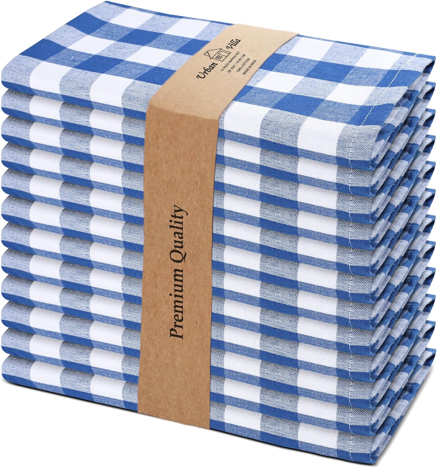 Urban Villa Cloth Napkins 100% Cotton Dinner Napkins Highly Absorbent 20x20 Inches (Set of 12) Blue White Buffalo Checks Reusable Washable Soft Durable Premium Napkins Ideal for Home Wedding Parties