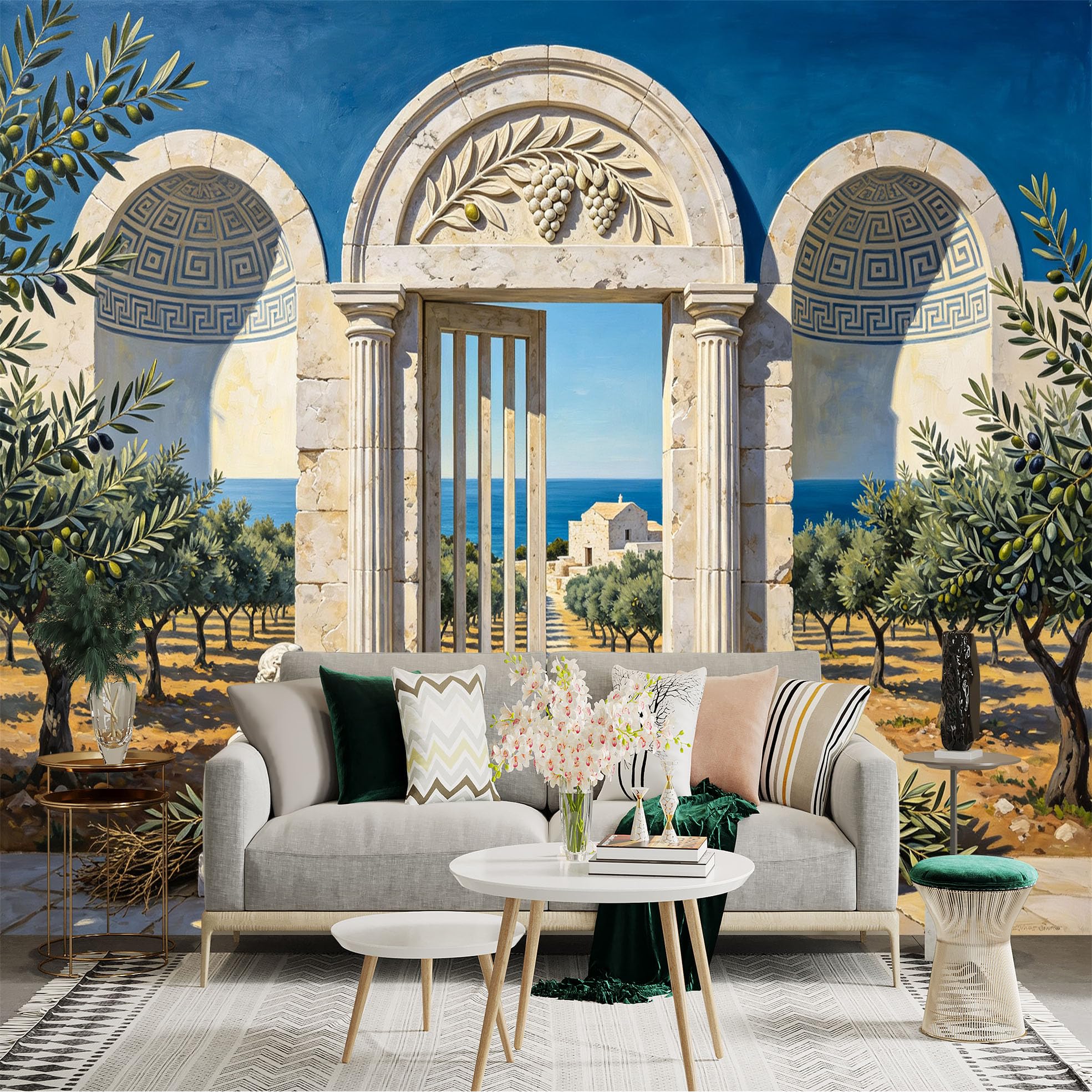 Custom Size Wall Sticker Mural， Mediterranean Stone Archway， Olive Grove， Coastal Landscape， Classical Columns， for wall Decoration， peelandstick wall Decals.