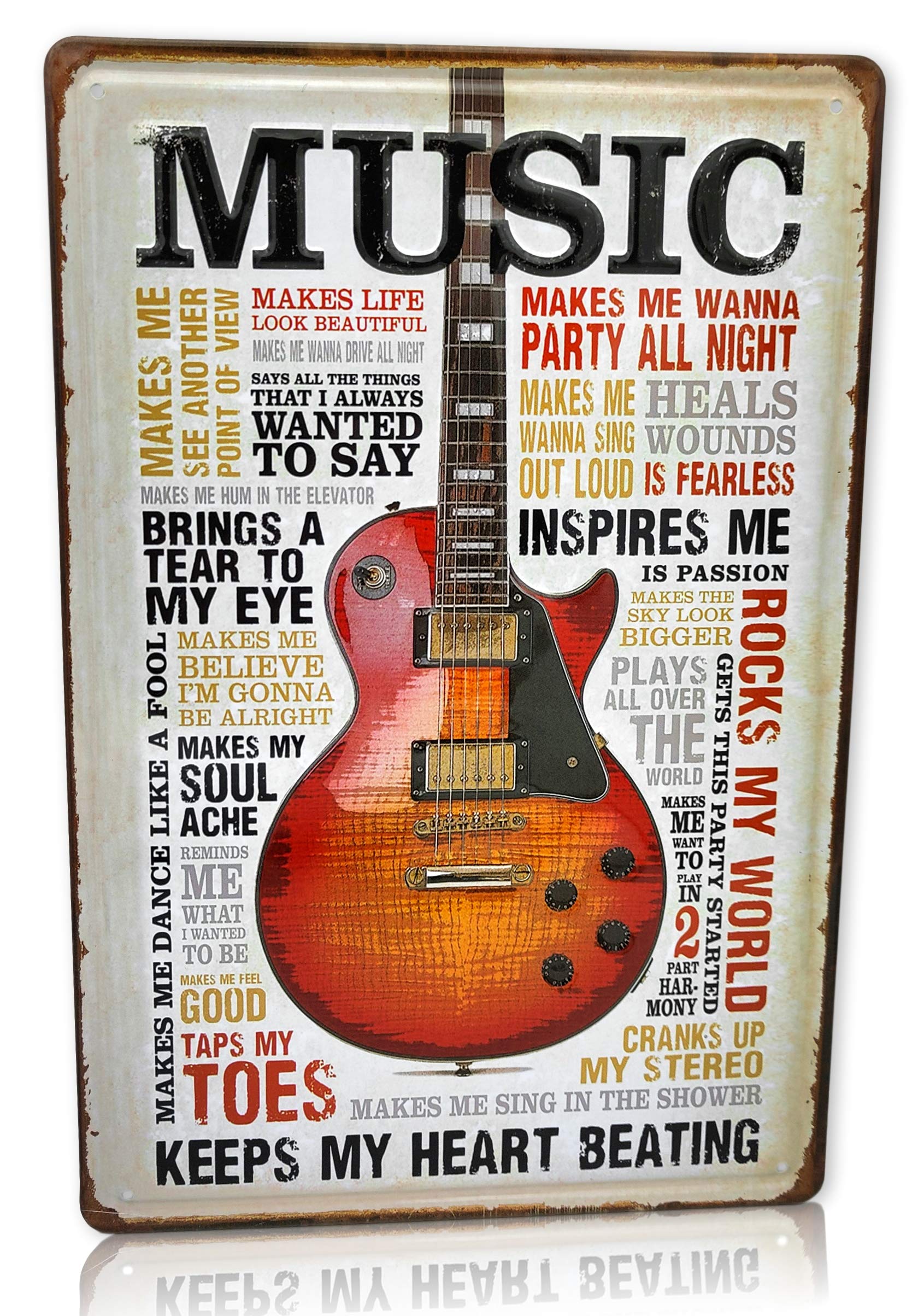 Save Directly Music Inspires me, Keeps My Heart Beating Guitar Embossed Metal Sign 8x12 Inches