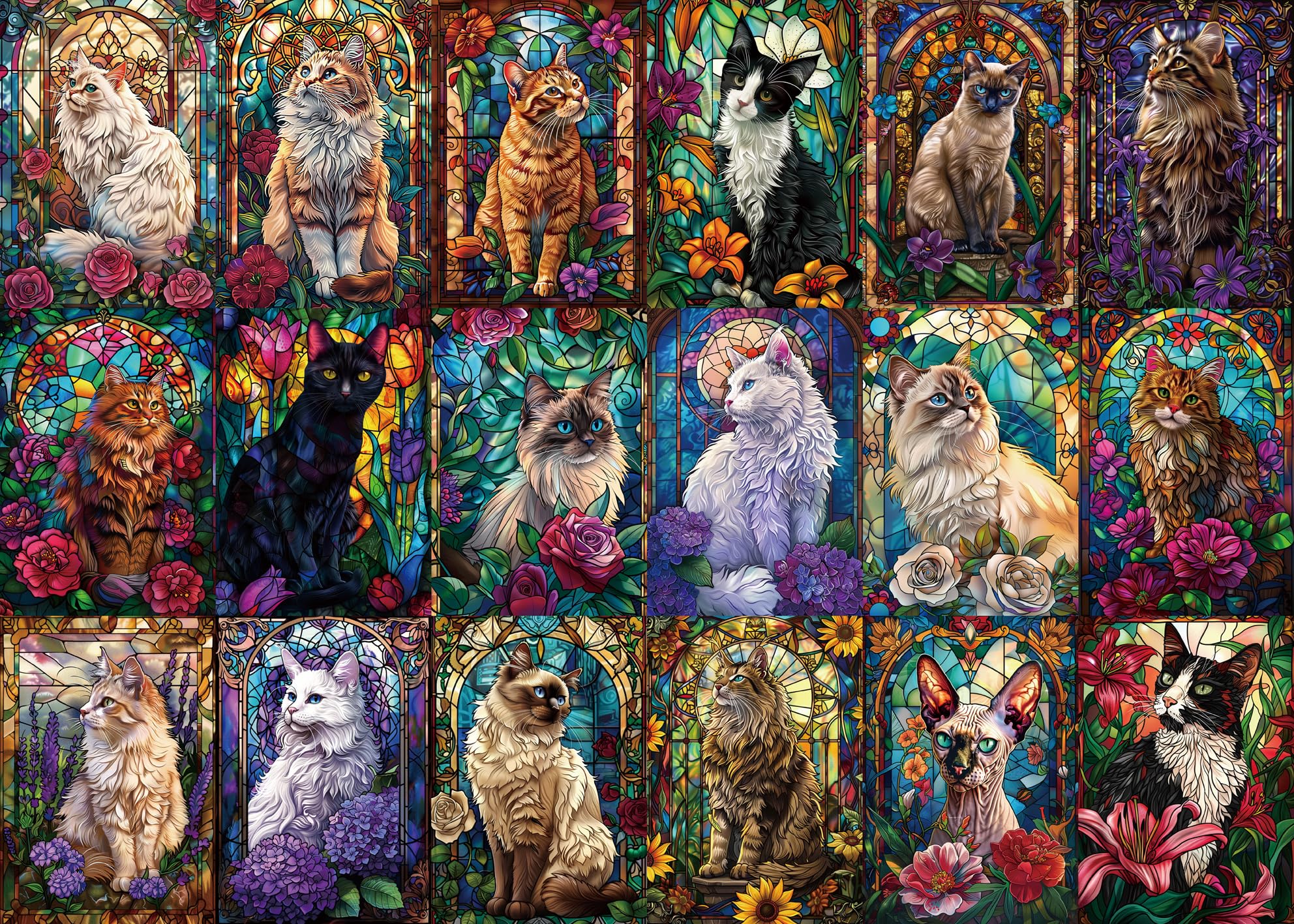 BUHAH Stained Glass Cat Puzzles for Adults 1000 Pieces Colorful Flower Art Jigsaw Puzzles Animal Collage Plant Floral for Decoration