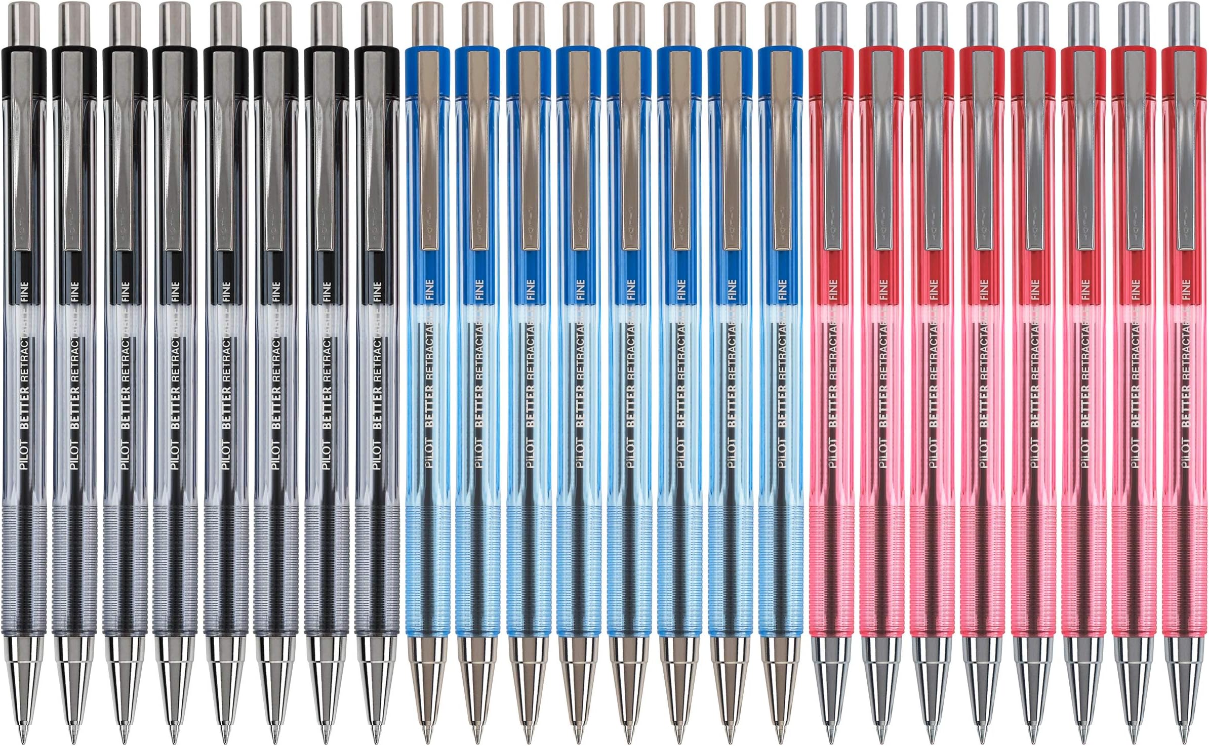 Pilot Better Ball Point Retractable Pen Assortment, Fine Point, 8 Each Black, Blue, and Red (24 Pens Total)
