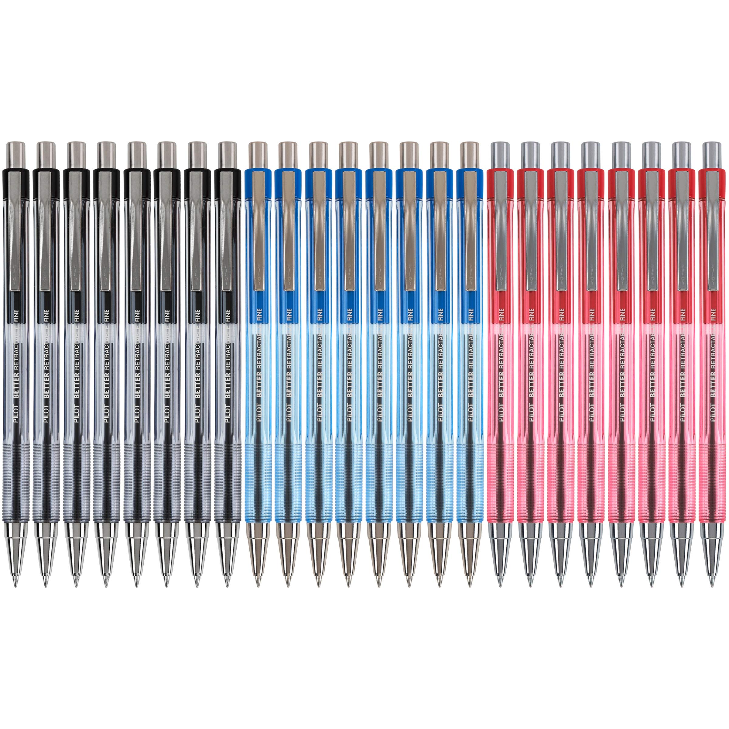 PILOTBetter Ball Point Retractable Pen Assortment, Fine Point, 8 Each Black, Blue, and Red (24 Pens Total)