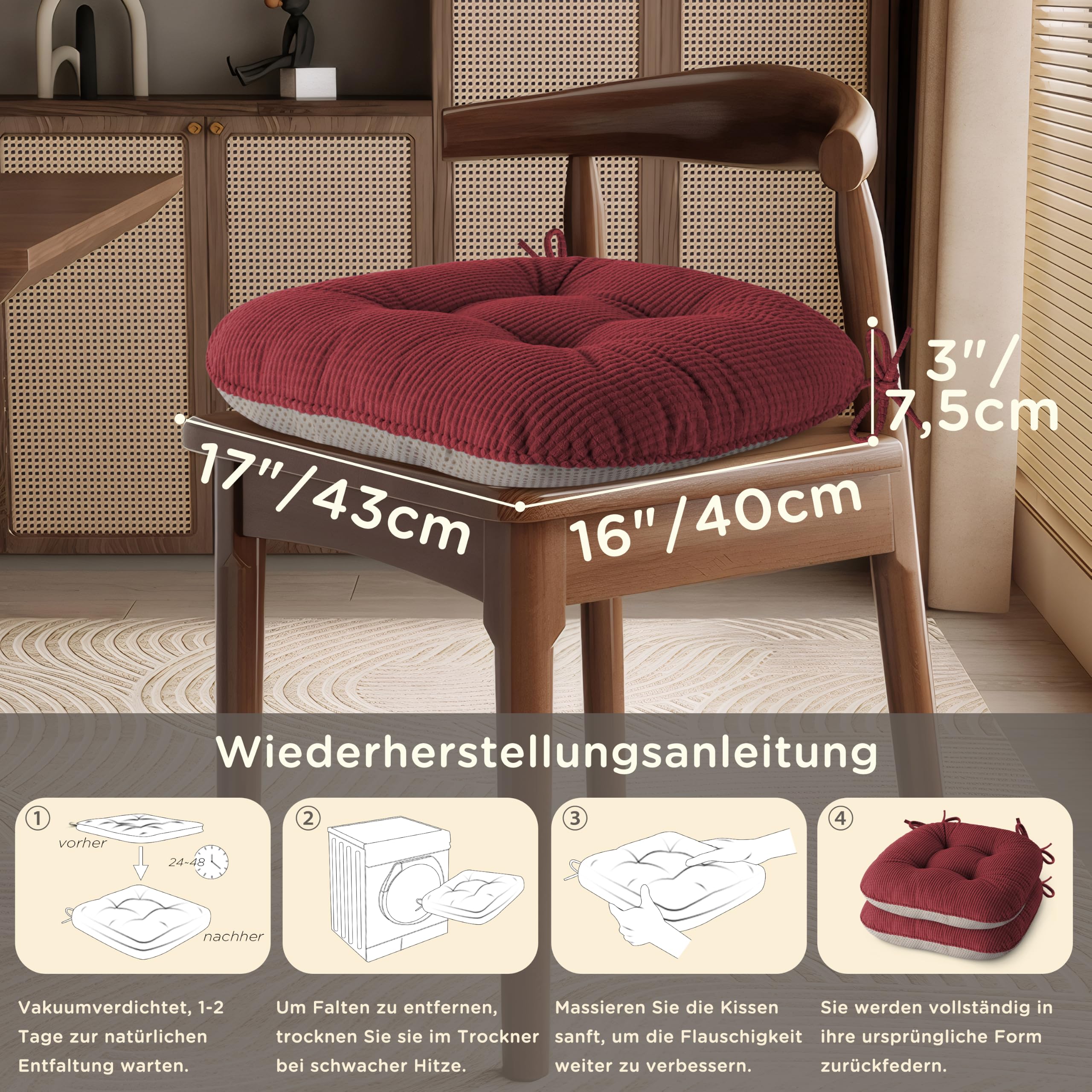 Innenbereich-Sitzkissen für Esszimmer, 4er-Set, rutschfeste Sitzpolster mit Bändern, geftütete Sitzkissen, 43X40X7.5cm/17"X16"X3", Rot
