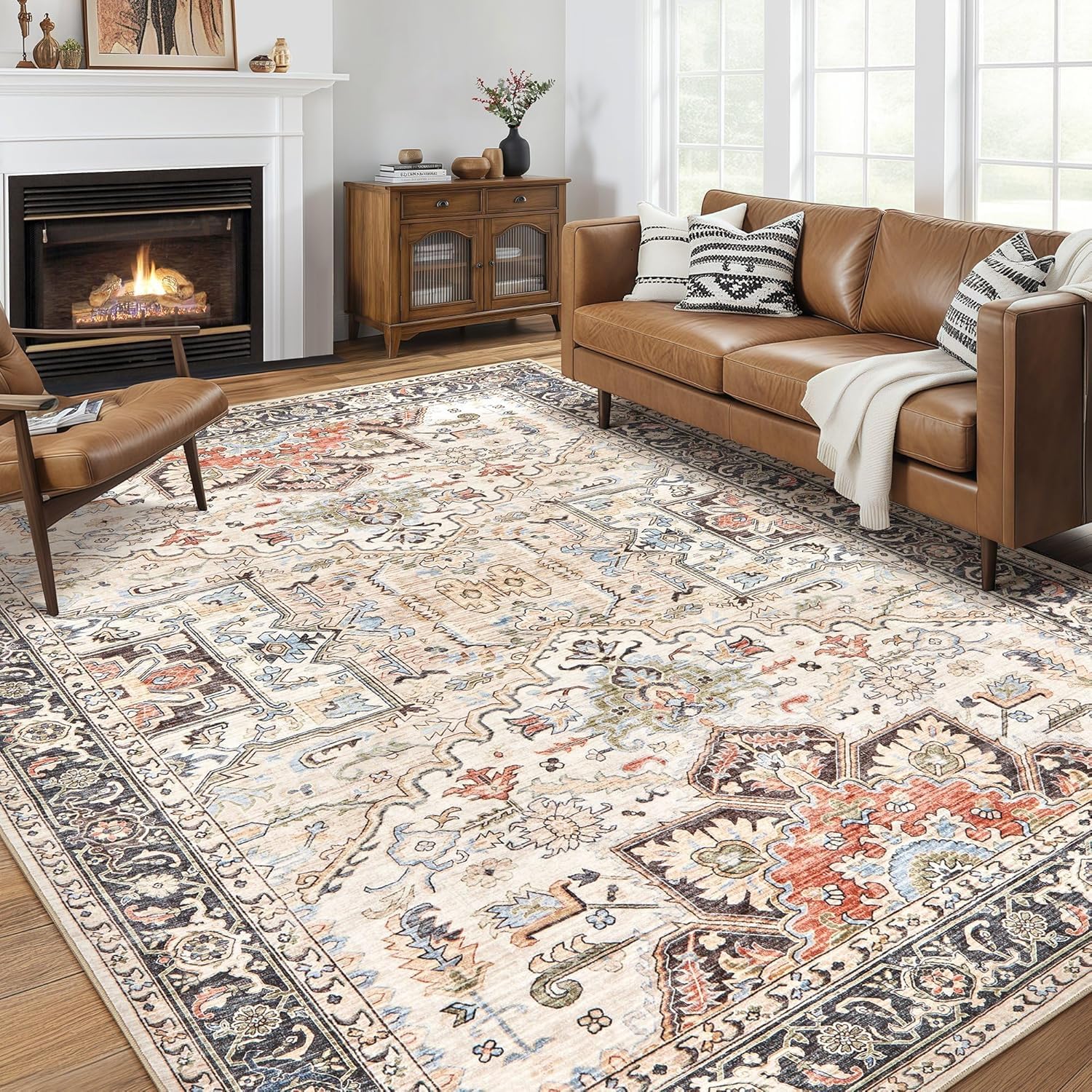 Teppich Wohnzimmer Schlafzimmer Teppiche 70 x 200 cm Waschbar rutschfest Weich Kurzflor Moderne Für Esszimmer Küche Flur Retro Schlichtes Beigeblau