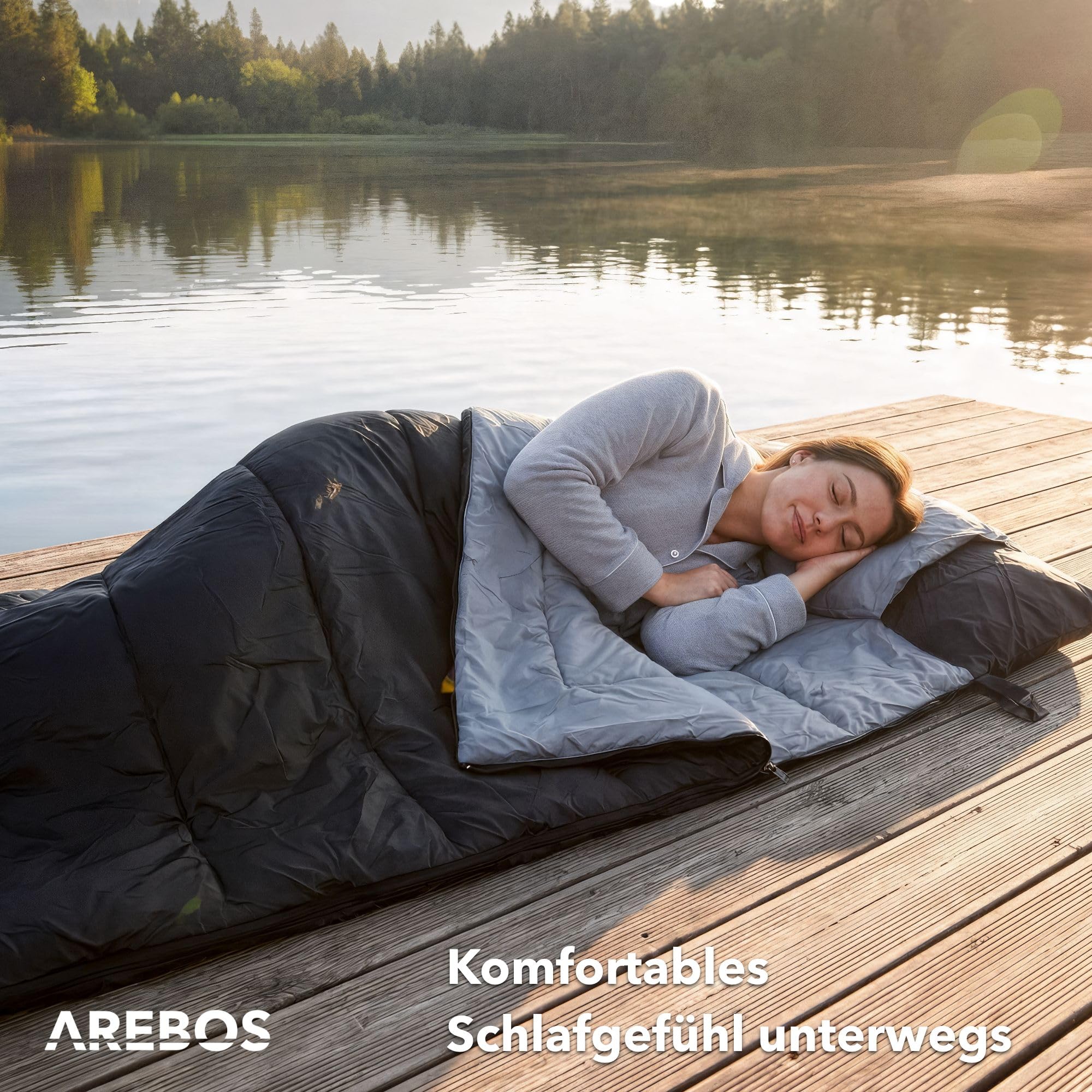 Arebos Schlafsack mit Kissen & Fleecedecke | Deckenschlafsack Erwachsene 220x83 cm | Camping Schlafsack | 0-25°C | wasserabweisend | inkl. Kompressionssack