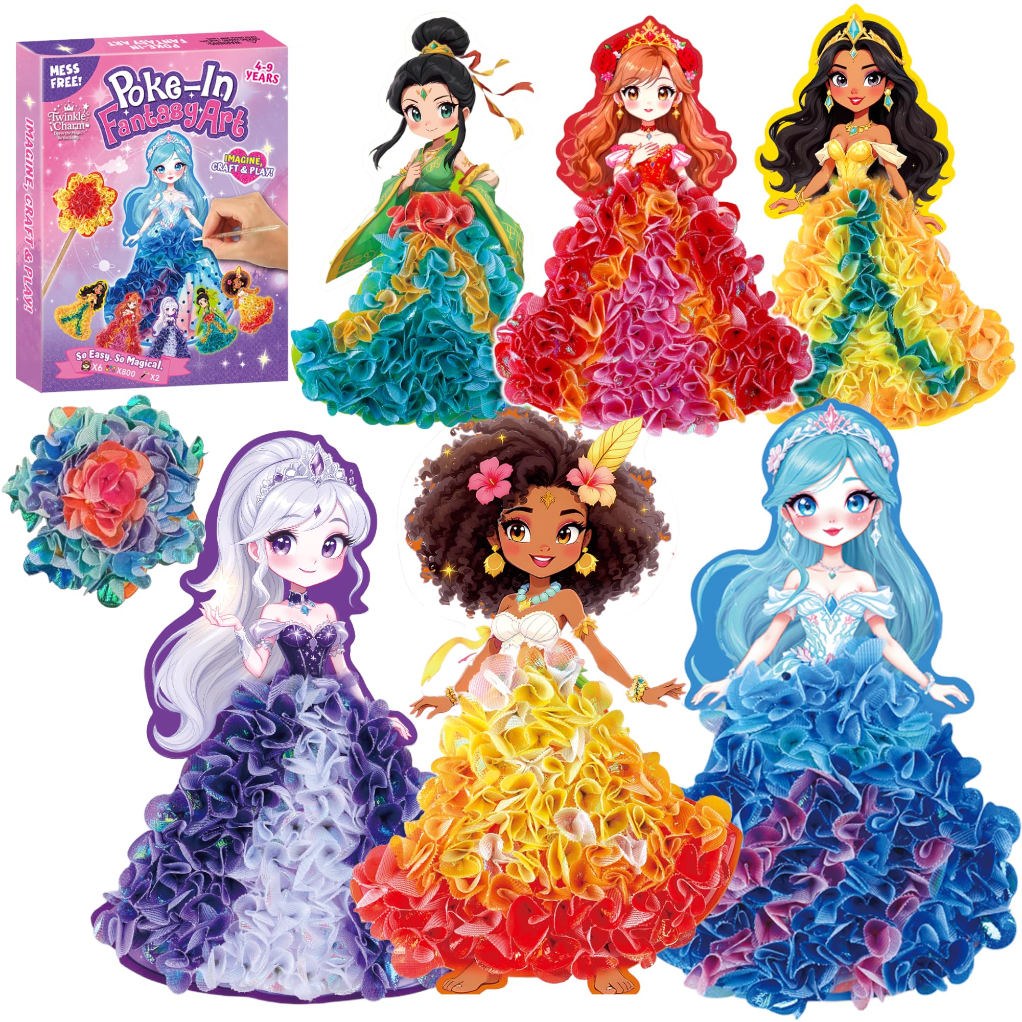Twinkle Charm Poke Art Kit Loisir Créatif Princesse | 6 Princesses à Décorer & 800+ Fleurs en Tissu | Activité Manuelle sans Colle pour Fille 4-9 Ans | Système Poke-in | Cadeau Anniversaire & Noël