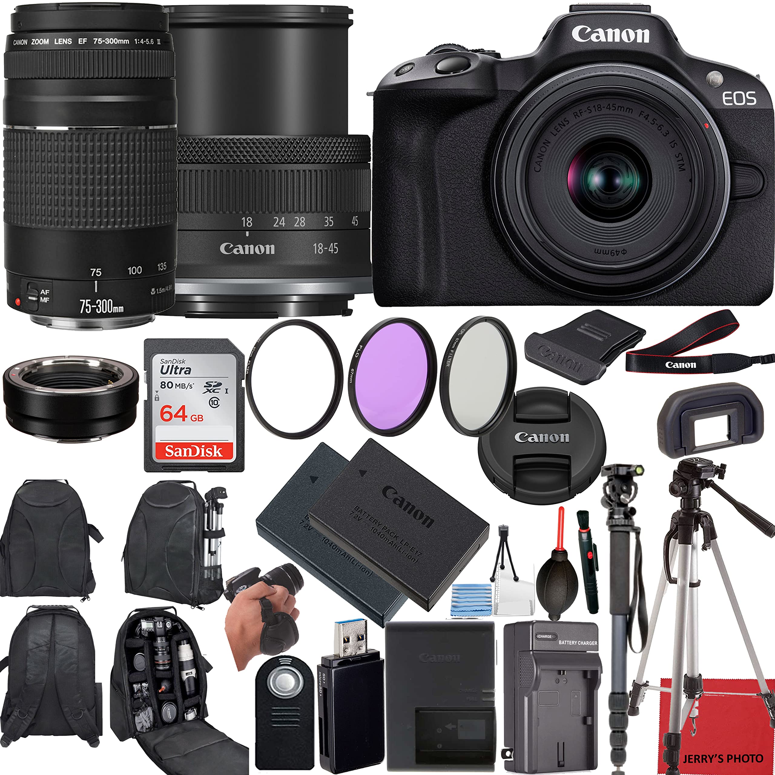 Canon EOS R50 Mirrorless Camera with 18-45mm & EF 75-300mm Lenses + Mount Adapter + 20 Essential Accessories for Content Creators