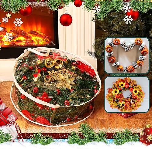 Miniatura 7 de Zhengmy 10 bolsas transparentes de almacenamiento de coronas de Navidad de 30 pulgadas, bolsas de almacenamiento para coronas de Navidad, bolsas con