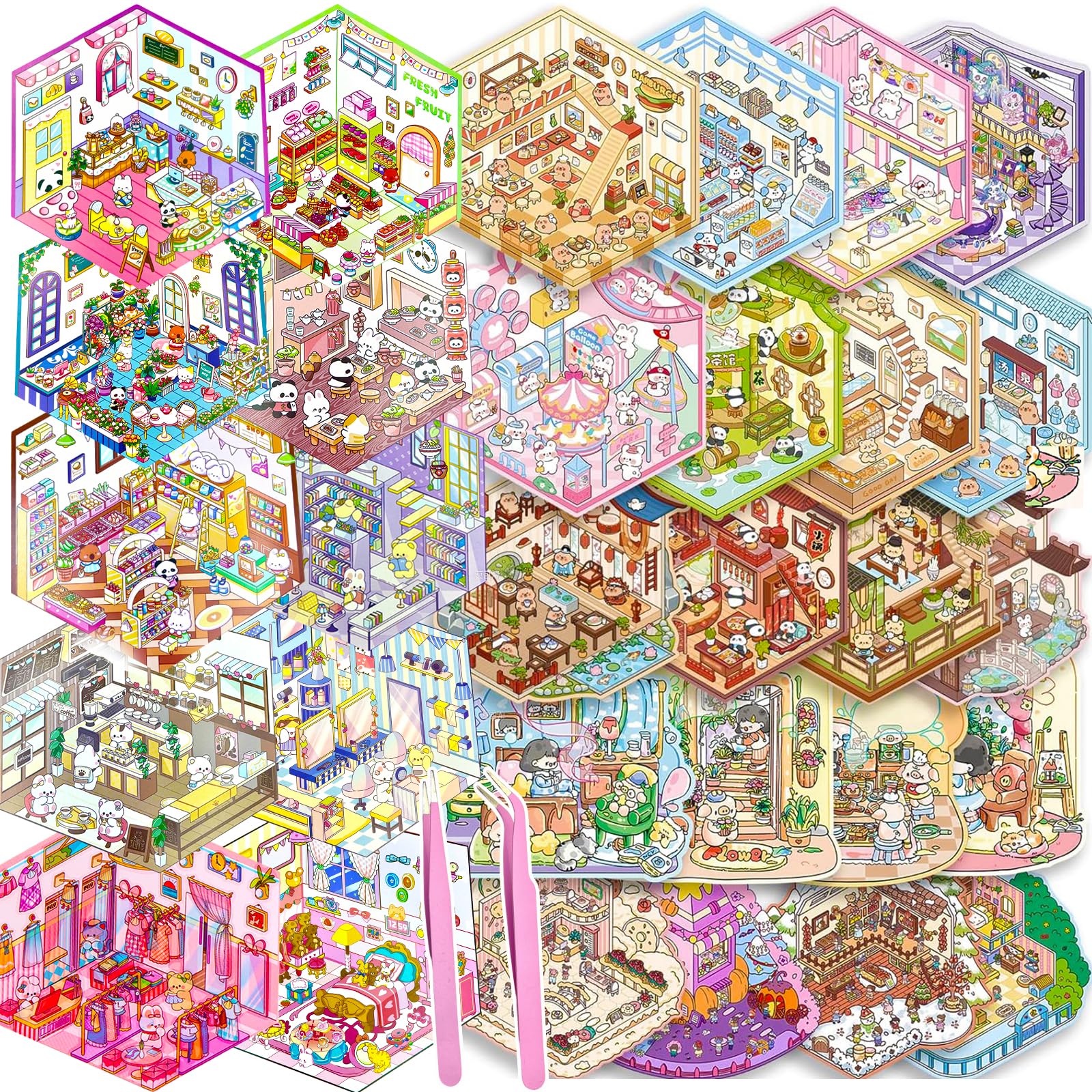 30 Sets DIY 3D House Stickers Kit Non-Toxic & Safe 3D Miniature Scene Therapy for Kids and Adults Stress Relief Sticker Scenes with Tweezers Creative Fun & Reusable DIY Sticker Therapy Kit for age 3+