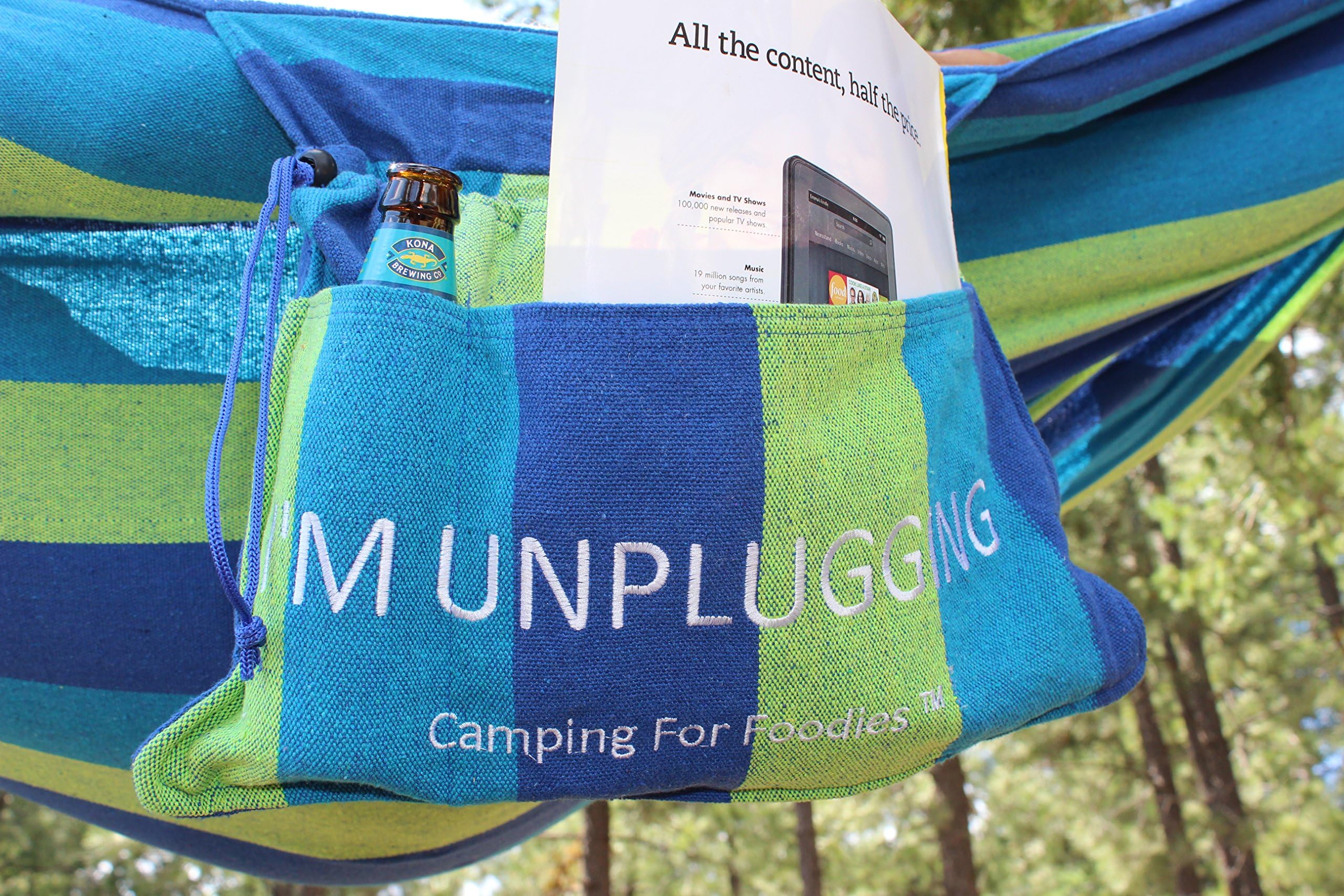 Hammock with Attached Carrying and Accessory Bag for Easy Access to Drinks, Magazines, Phones etc. Displaying Fun, I'm Unplugging, Message.
