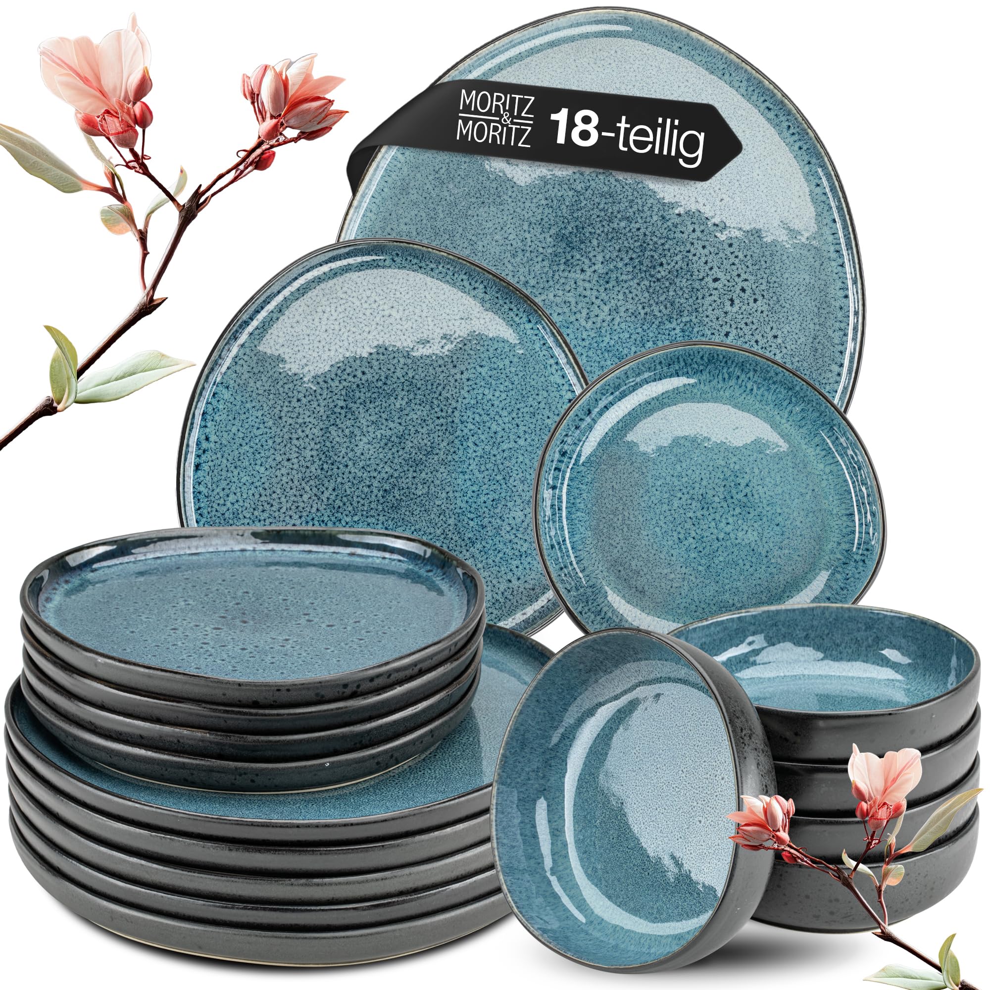 Moritz & Moritz Organic 18-teiliges Tafelservice für 6 Personen blau, elegante Teller aus hochwertigem Steingut, Geschirr für 6 Personen, bestehend aus 6 Speisetellern, 6 Stück