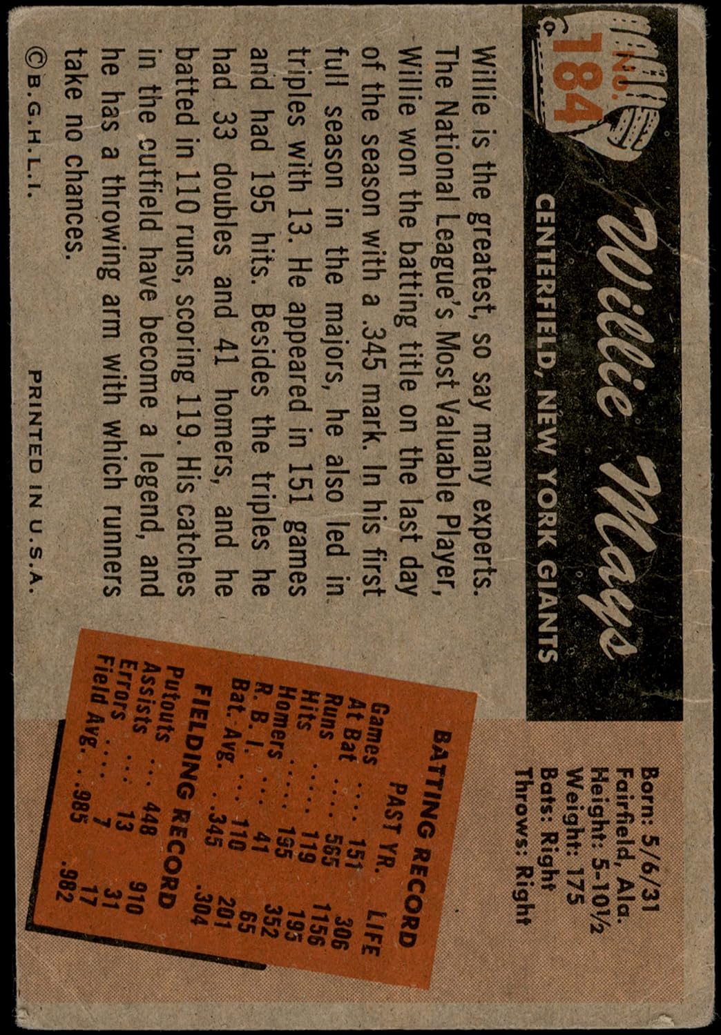 1955 Bowman # 184 Willie Mays New York Giants (Baseball Card) FAIR Giants