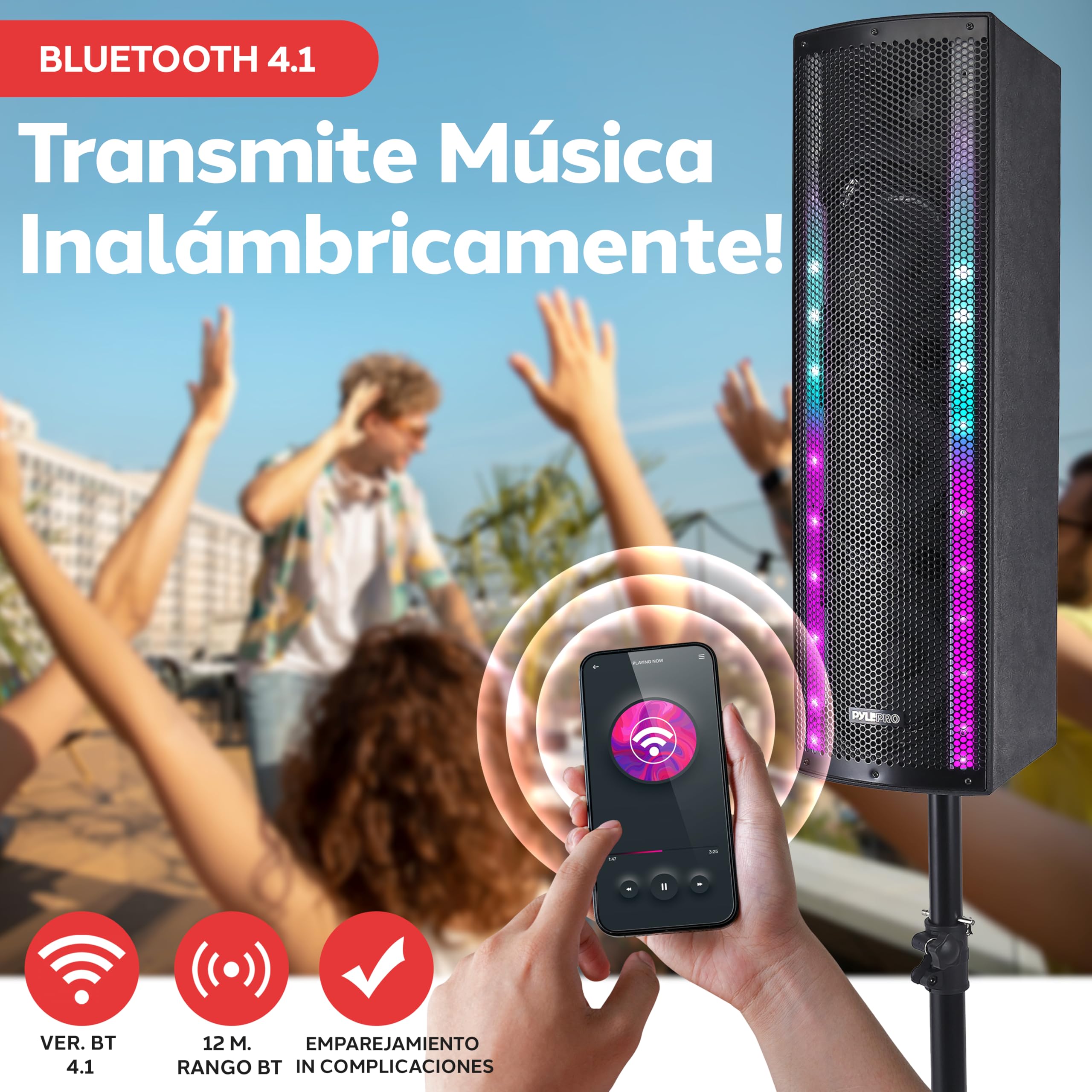 Pyle Altavoces, PA, 400W, Bluetooth, Portatil, Activo, Pasivo, 3 vias, Entrada para microfono, Luces, Radio FM, con Mando a Distancia y tripode Incluido