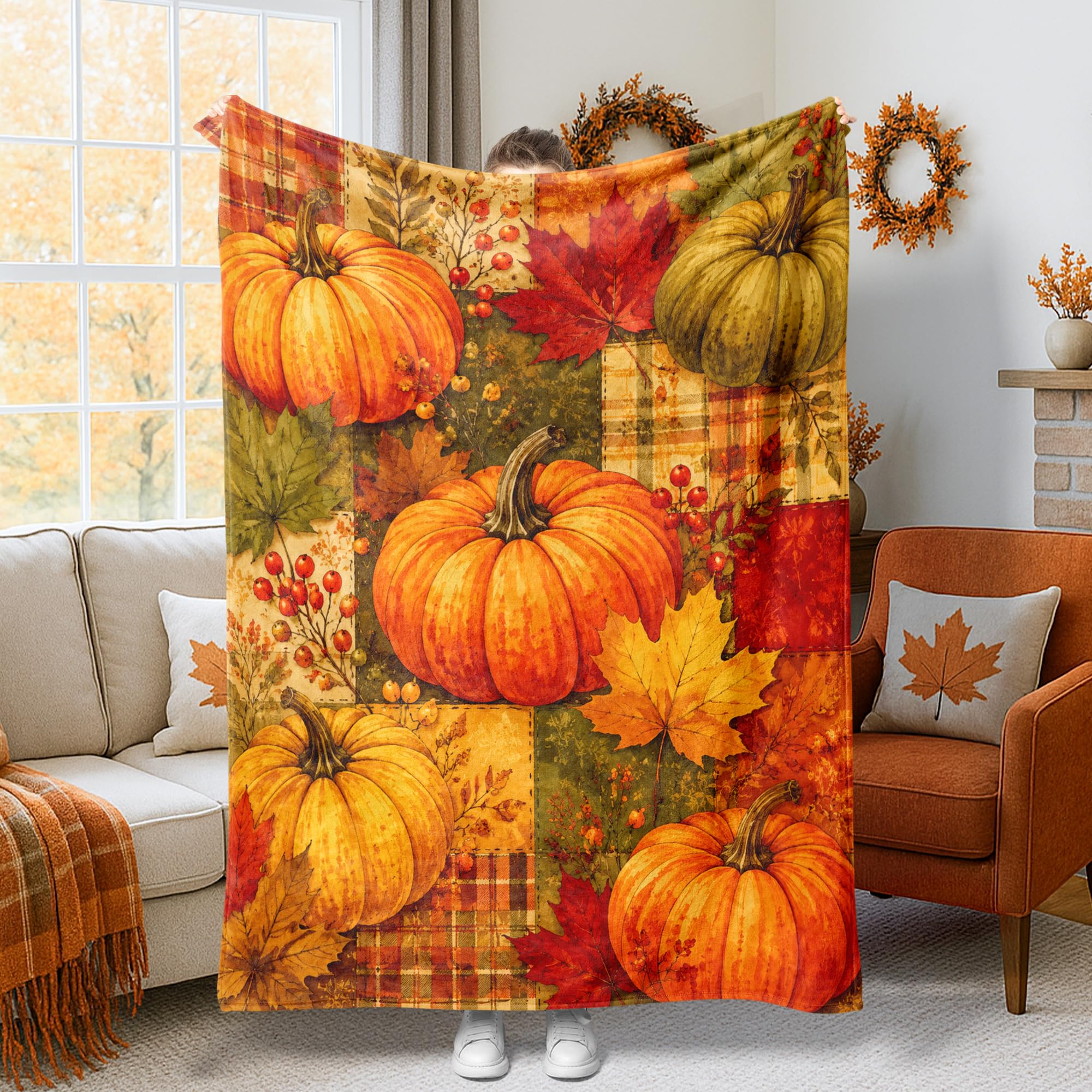 Couverture en peluche citrouilles pour cocooning sur le canapé d'automne