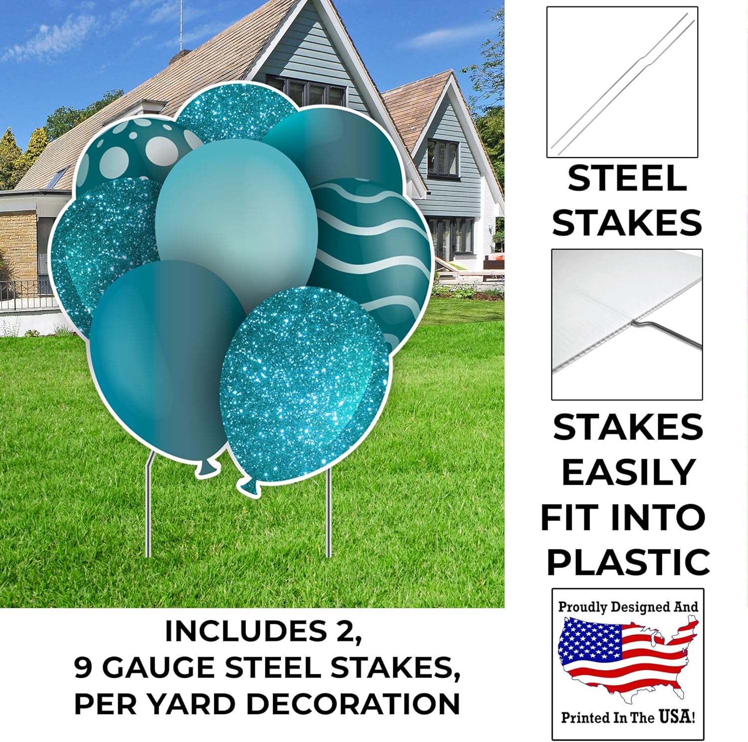 VictoryStore Birthday Yard Decor: 23.5 Inch Balloon Bouquets EZ Filler Yard Cards Set, Mirrored Birthday Balloon Yard Signs with Stakes (2, Teal)