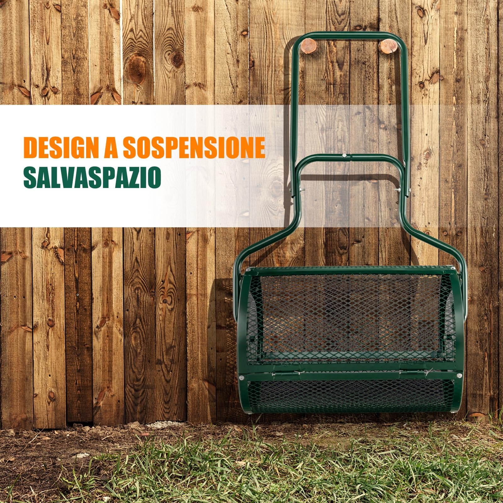 RELAX4LIFE Spandiconcime da 75L, Larghezza 60 cm, Ø Rullo: 41 cm, Spanditore da Giardino/Prato con Cestello in Rete Metallica e Manico, per Compost, Torba, Semi e Terriccio (41 x 60 cm,Verde)