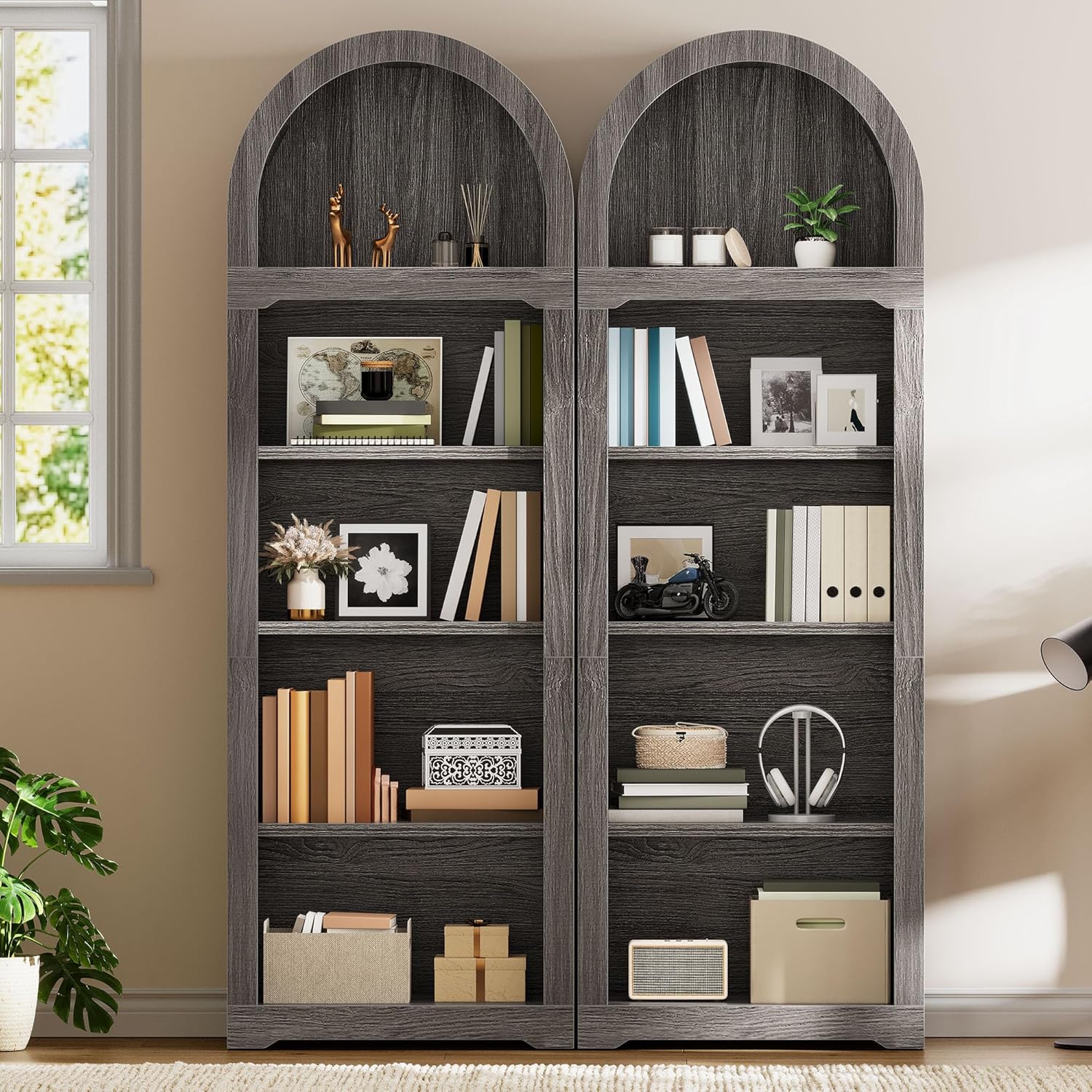 YITAHOME Arched Bookshelf, 68.5" Tall Bookcase, 5-Tier Arched Bookcase with Storage, Open Display Rack with Adjustable Shelves for Living Room and Home Office, Charcoal Gray