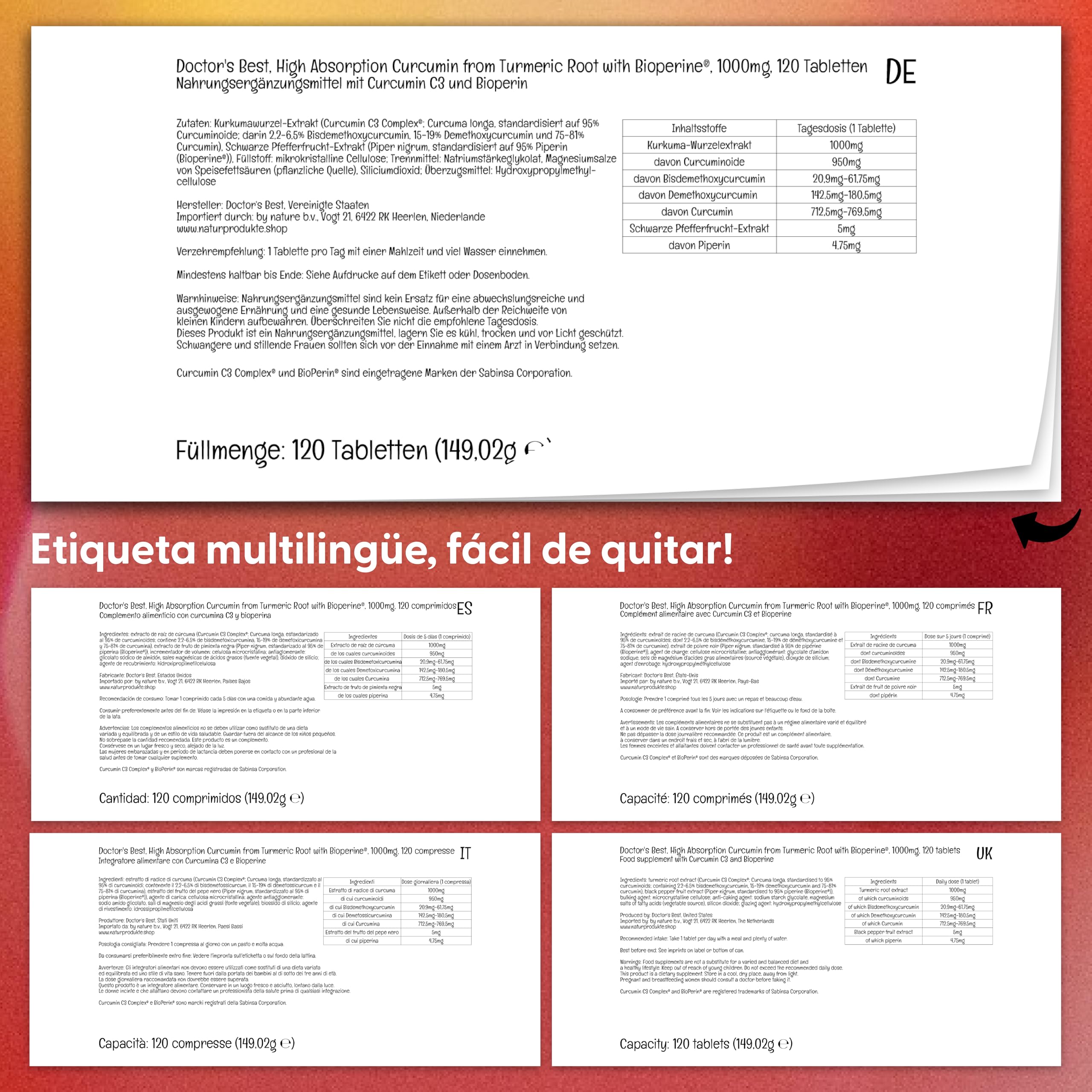 Doctor's Best, High Absorption Curcumin (Curcumina de Alta Absorción), 1.000mg, 120 Comprimidos veganos, Testados en Laboratorio, Cúrcuma, Sin Gluten, Sin Soja, Vegetariano