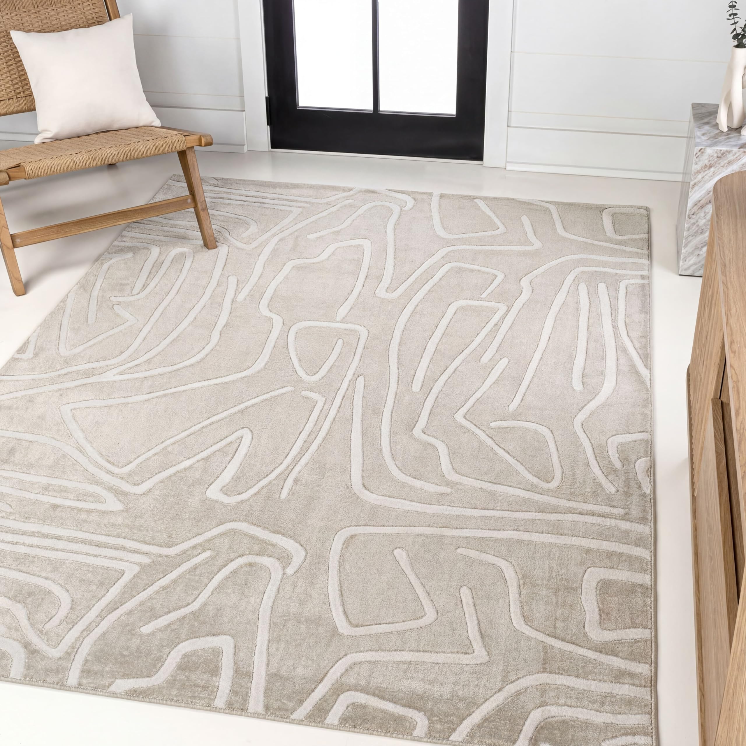 jonathan y graphic lines high-low indoor area rug 5x8 beige/cream, alcina modern scandinavian for living room, bedroom, kitchen, easy-cleaning, high traffic, pet-friendly, non-shedding snd102a-5