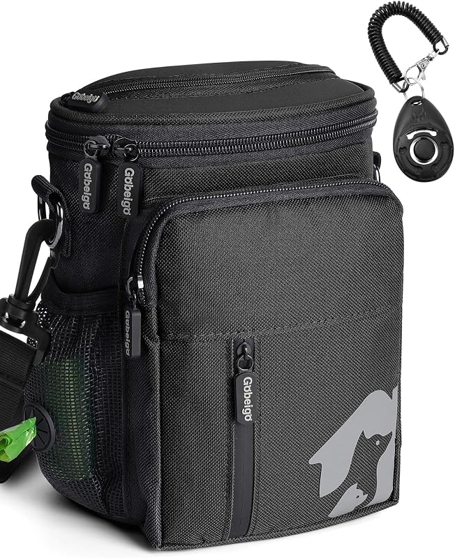 Bolsa de golosinas para perros de 8 tazas con clicker de entrenamiento (negro completo) | 3 formas de usar/dispensador de bolsas para excrementos incorporado/bolsillo frontal con cremallera, bolsa de golosinas apta para teléfono para entrenamiento y paseo de mascotas