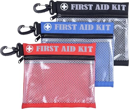 First Aid Kit Bag with Carabiner, 8.5 x 7.5 inches, Waterproof Mesh Front, Set of 3, Black Blue Red, For Travel, Home, Office, Vehicle, Camping, Outdoor Bag Only