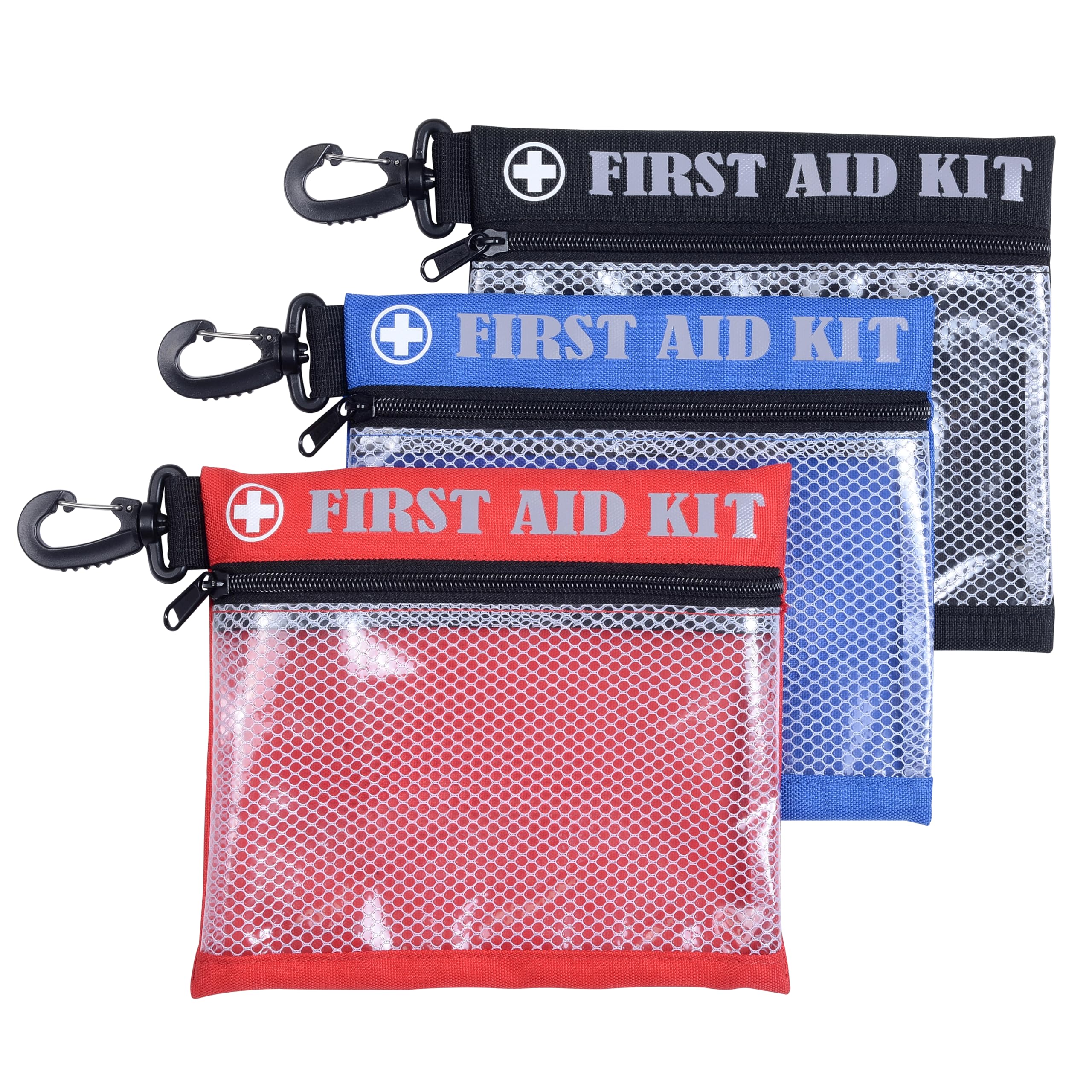 SdTacDuGe First Aid Kit Bag with Carabiner, 8.5 x 7.5 inches, Waterproof Mesh Front, Set of 3, Black Blue Red, For Travel, Home, Office, Vehicle, Camping, Outdoor (Bag Only)