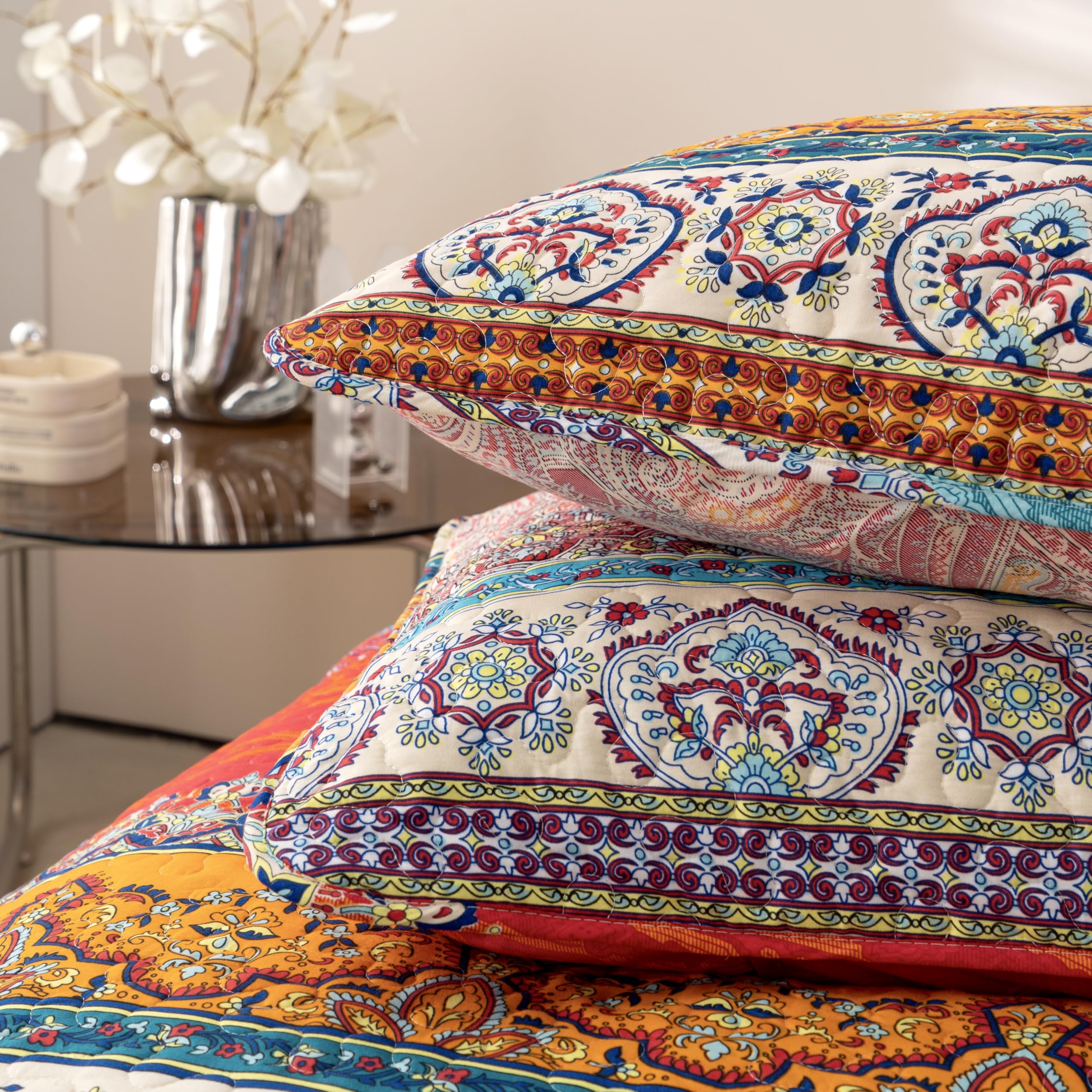 Set di biancheria da letto bohémien, per letto matrimoniale, 3 pezzi, in morbida microfibra, leggero, colorato, con copriletto a righe, esotico, giallo, arancione, bohémien, set di biancheria