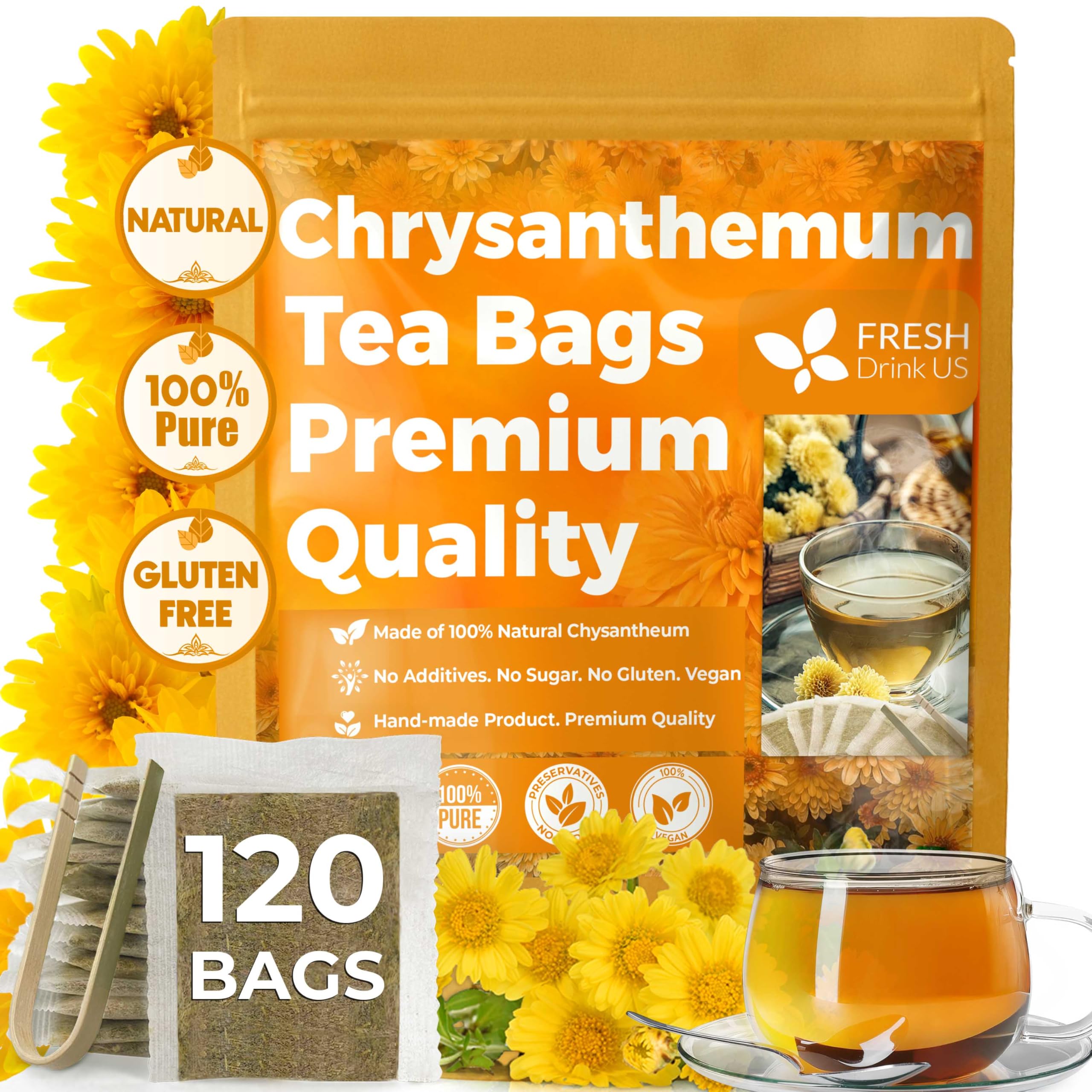 FreshDrinkUS Premium Chrysanthemum Flower Tea Bags - 120 Count, 100% Natural and Pure, Eco-Conscious. Herbal Tea, No Sugar, No Caffeine, No Gluten, Vegan
