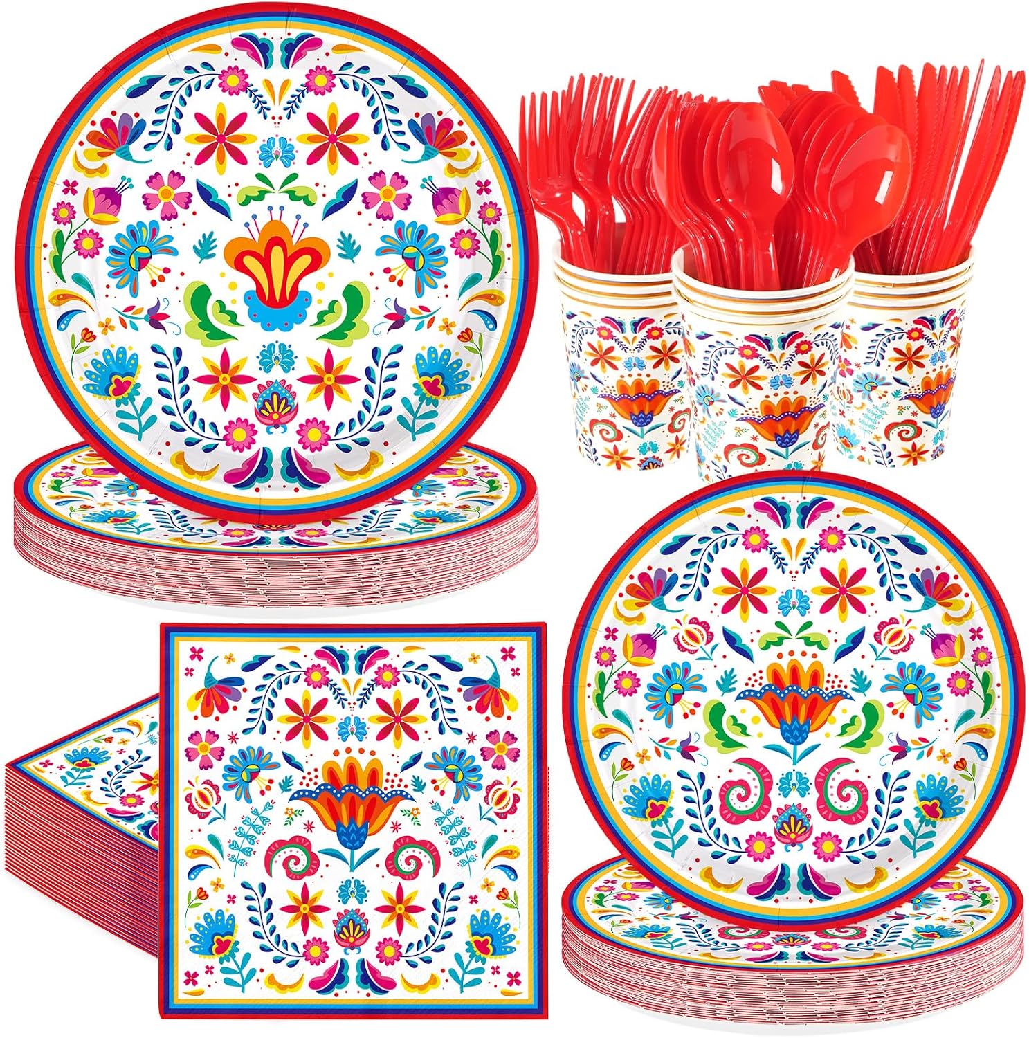 168Pcs Mexican Fiesta Party Supplies Mexican Floral Plates and Napkins Colorful Mandala Floral Disposable Tableware Set for Cinco De Mayo Taco Tuesday Birthday Party Decorations Serves 24