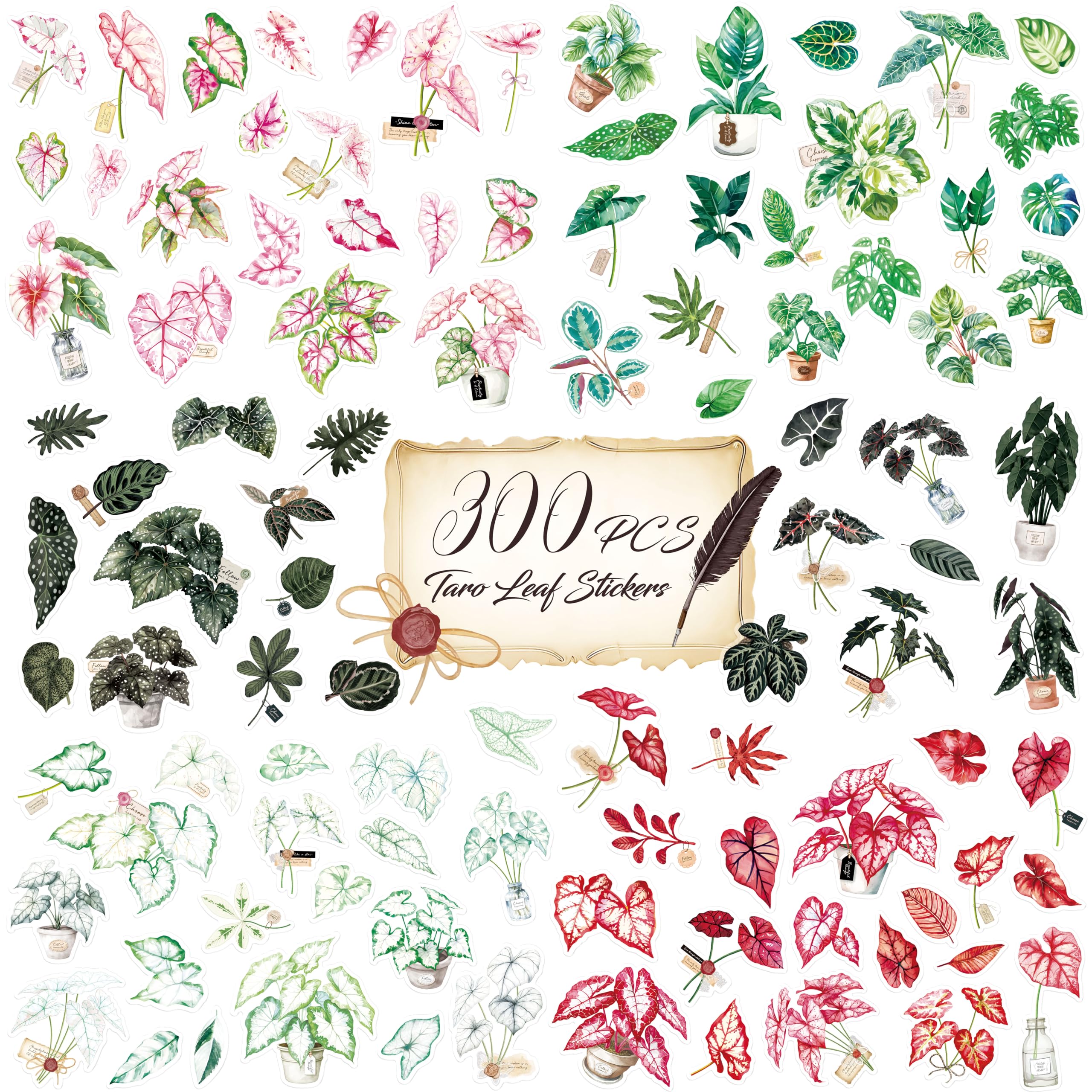 300 Stück Taro-Blatt-Sticker Aus PVC – Selbstklebend, Wasserfest, Für Scrapbooking, Laptop, DIY