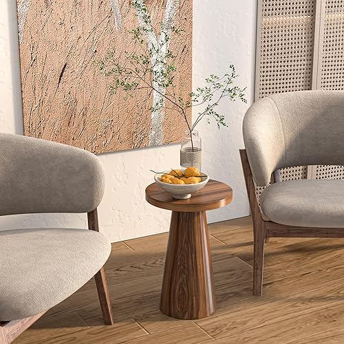 Miniatura 6 de Mesa auxiliar redonda acanalada, pedestal pequeña para sala de estar, mesita de noche moderna de mediados de siglo, mesitas de noche de madera para