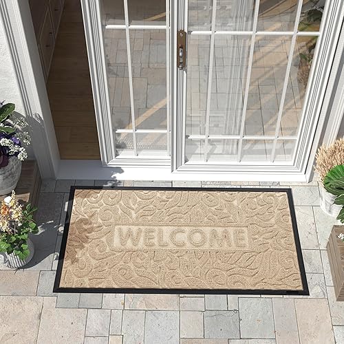 Vista 104 de Yimobra Tapete de bienvenida grande de 47 x 32 pulgadas, impermeable, antideslizante, para puertas delanteras, entradas exteriores, tapete de Beige