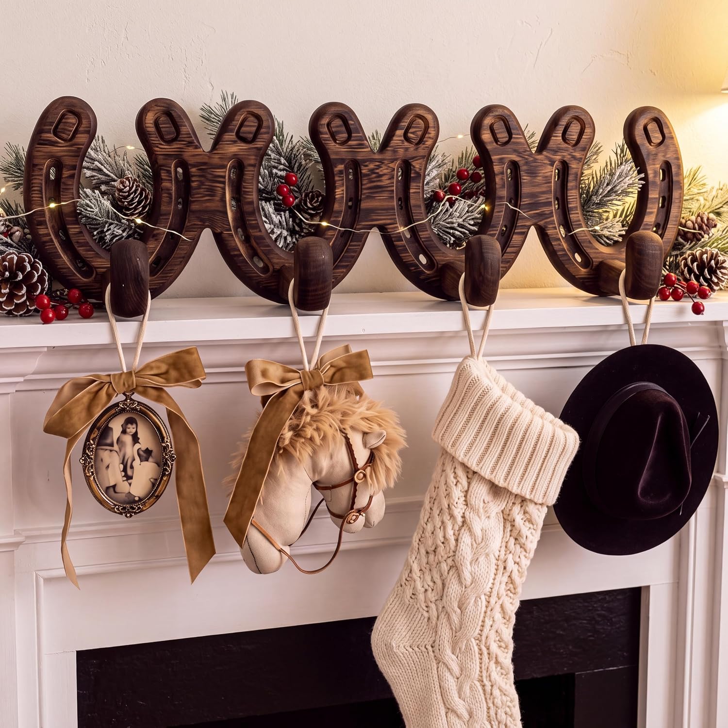4 Pack Christmas Stocking Holders for Mantel Horseshoe Heavy Duty Cast Iron Mantel Hooks Rustic Western Farmhouse Fireplace Decor Anti-Slip Holiday Stocking Hangers for Christmas Decorations