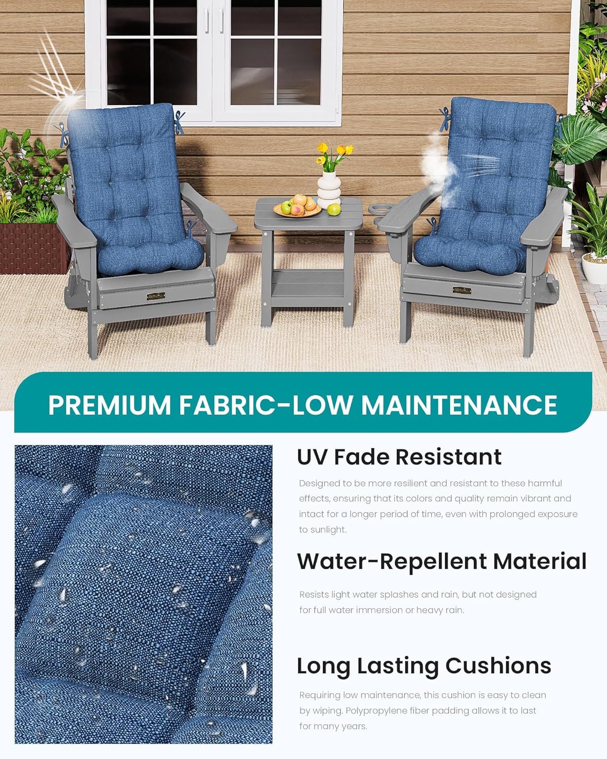 SERWALL HDPE Outdoor Rocking Cushion Set of 2, Memory Foam Cushion Navy