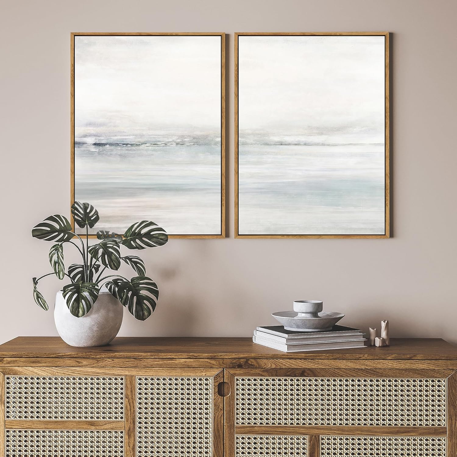 Gardenia Art Framed Wall Art Set Abstract Ocean Beach Canvas Wall Decor Nature Shore Horizon Pictures Modern Decorative Coastal Seascape Artwork for Bedroom Bathroom Home Office 12"x16"x2 Natural