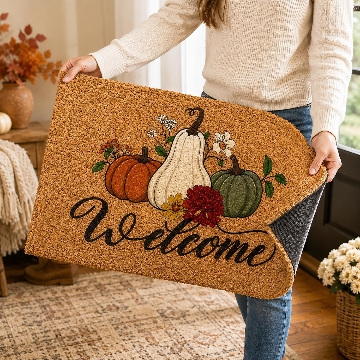 Fall Pumpkin Welcome Mat, Natural Coir Front Door Mat, 16.5 x 29 Inch