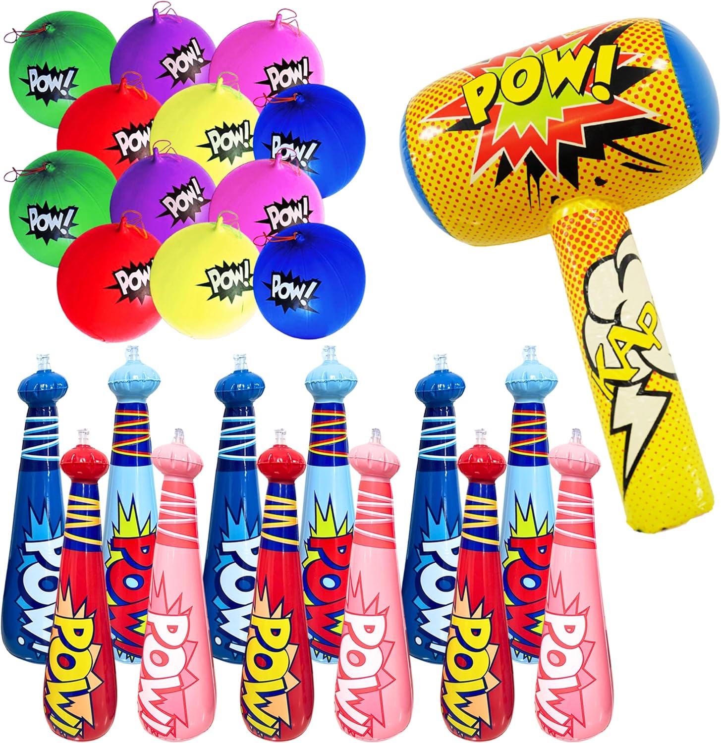 4E's Novelty 25 Piece Set Inflatable Baseball Bats with Pow Design, 12 Punch Balloons for Kids, 1 Huge 30" Bopper for Super Hero Birthday Bat, Carnival Prizes, and Baseball Bat Blow Up Fun, Ages 3+