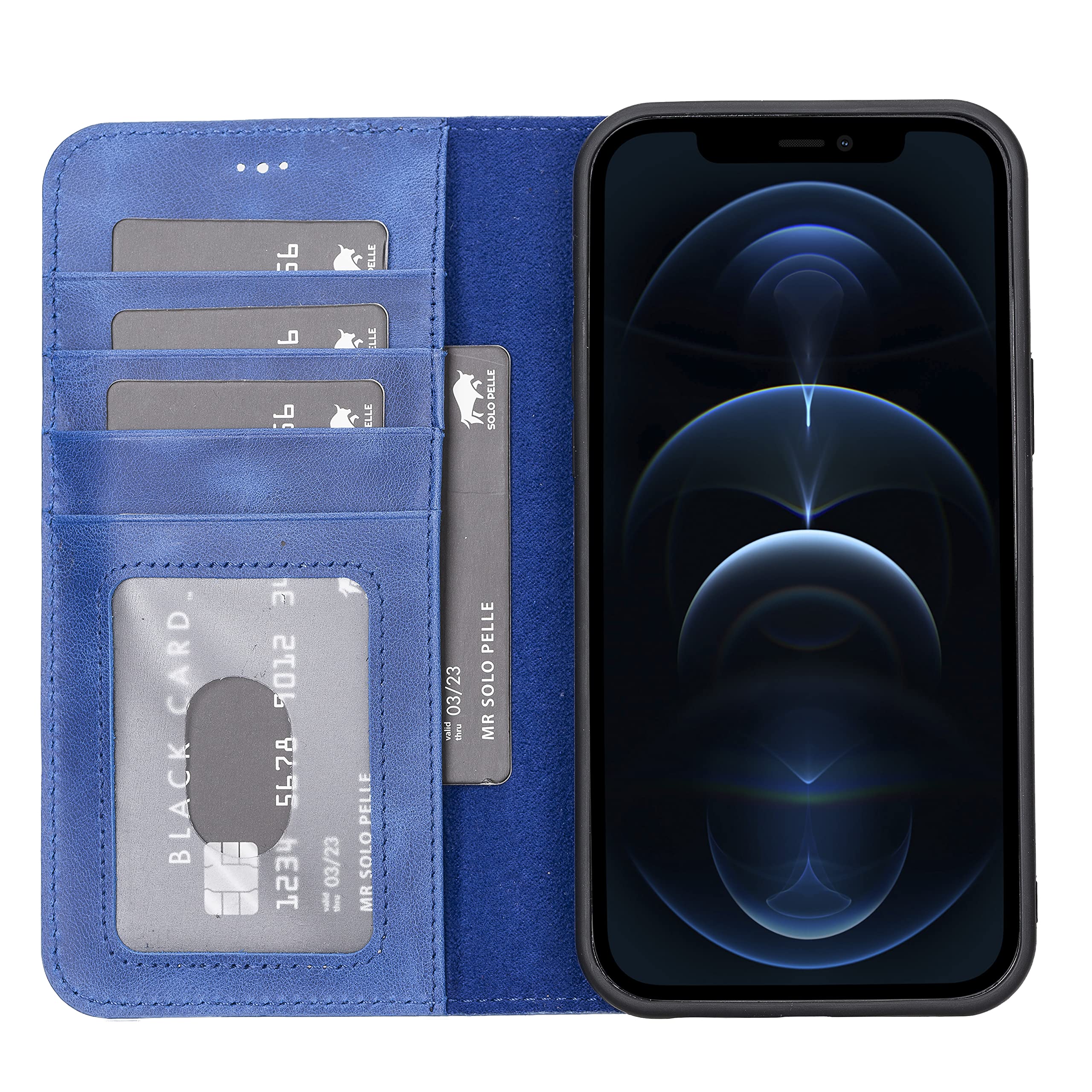 Solo Pelle Lederhülle kompatibel für iPhone 12 Pro Max in 6.7 Zoll abnehmbare Hülle (2in1) inkl. Kartenfächer für das original Apple iPhone 12 Pro Max (Vintage Blau)