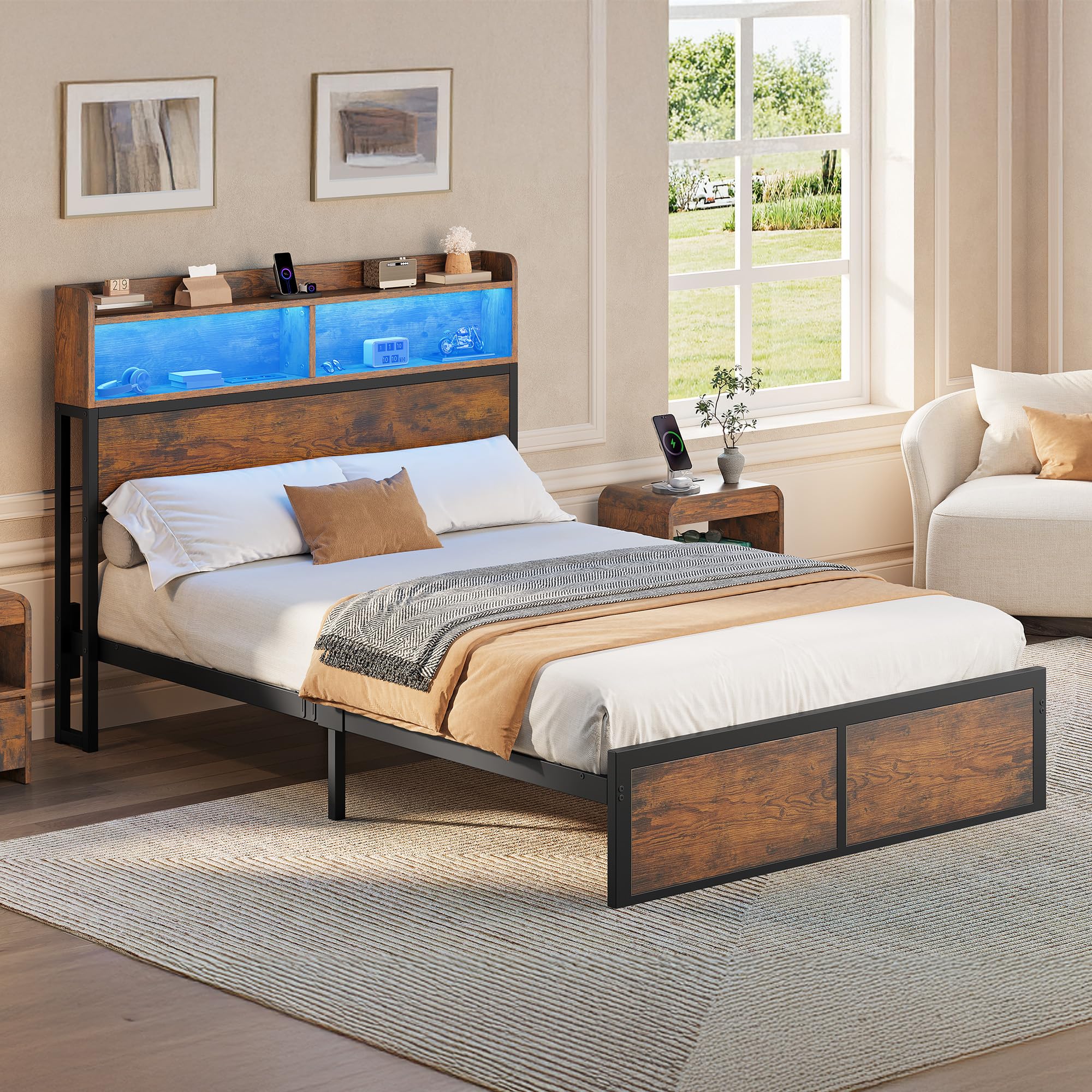 YITAHOME Telaio letto a LED con testiera, porte USB e uscite di ricarica, struttura in metallo con 2 ripiani, non richiesto materasso, marrone, 200 x 120 cm