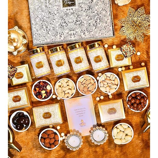 NutriSnacksBox Diwali Gift Hamper for Employees, Friends & Family | Roasted Almond Cashew, Dates Choco Balls, Chocolate Nutties, Premium Hazelnut and Coffe Bites | Golden Foiling Red Gift Box