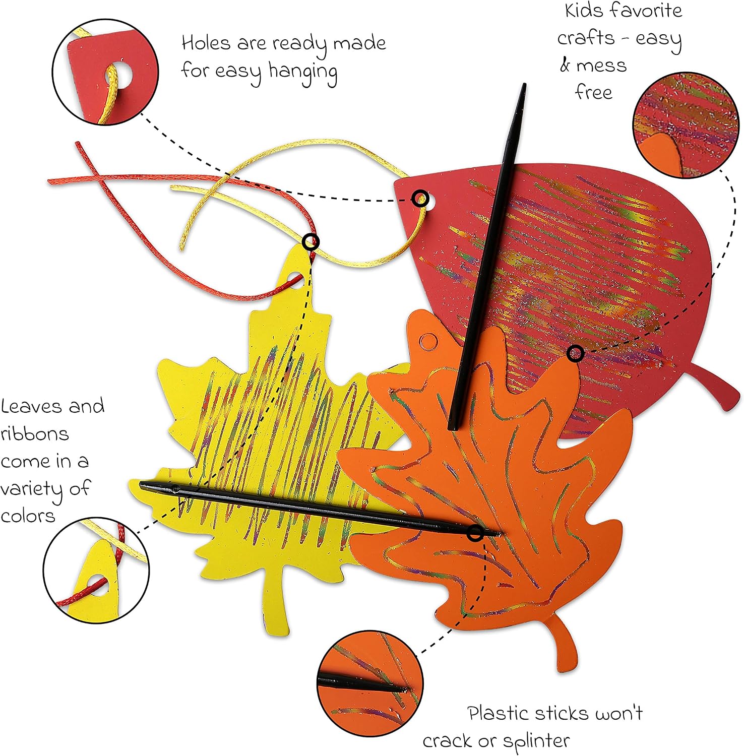 Neliblu Magic Fall Colors Scratch Fall Craft Art Set - Colorful Scratch Paper Autumn Leaves in Bright Fall Colors - Set of 24 Leaves, 24 Scratch Sticks and 24 Ribbons
