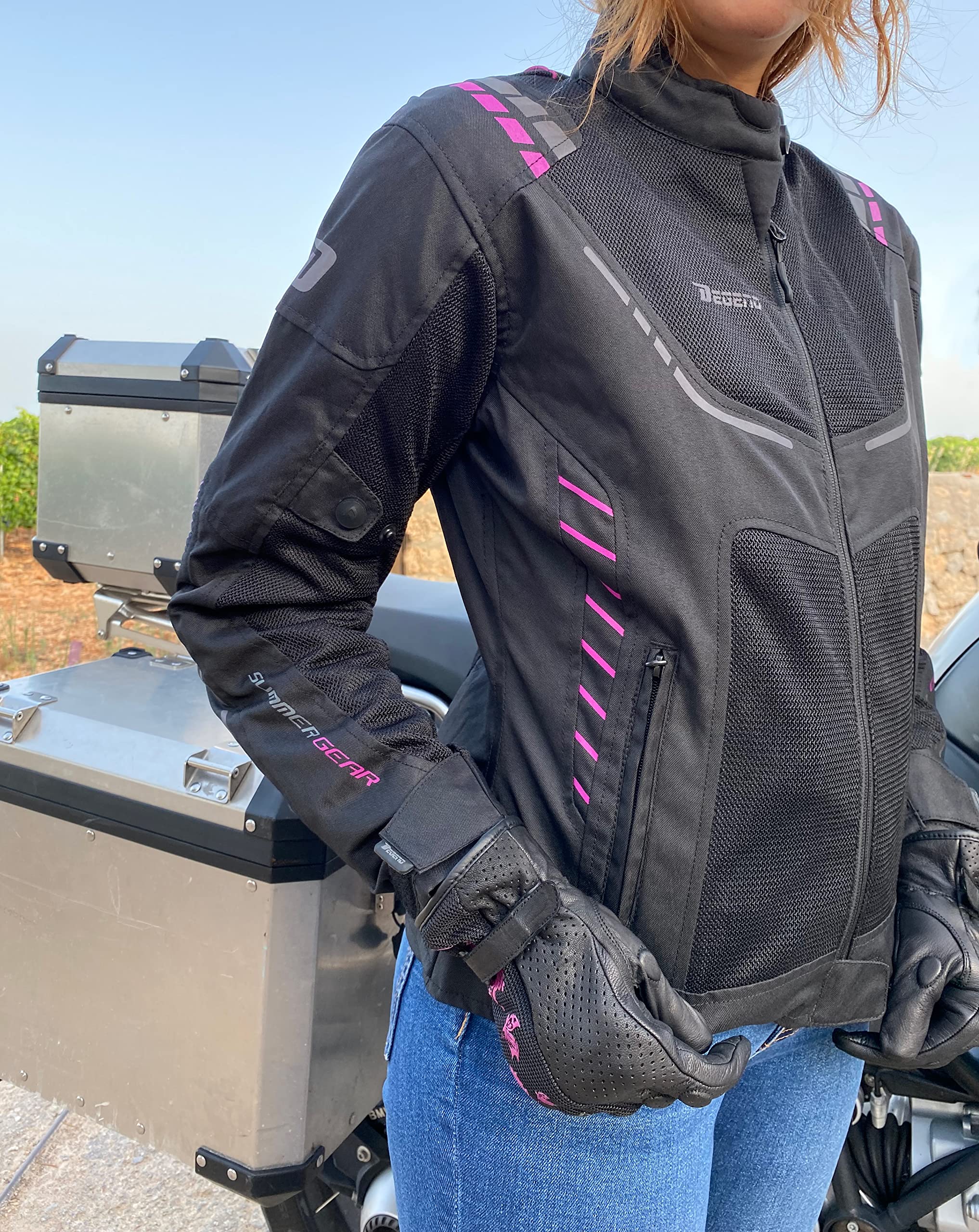 Breeze Lady NV | Veste Moto d'Été pour Femme avec Protecteurs PU + Doublure Imperméable Amovible et Coupe-Vent | Homologué Européen - Noir Violet, L
