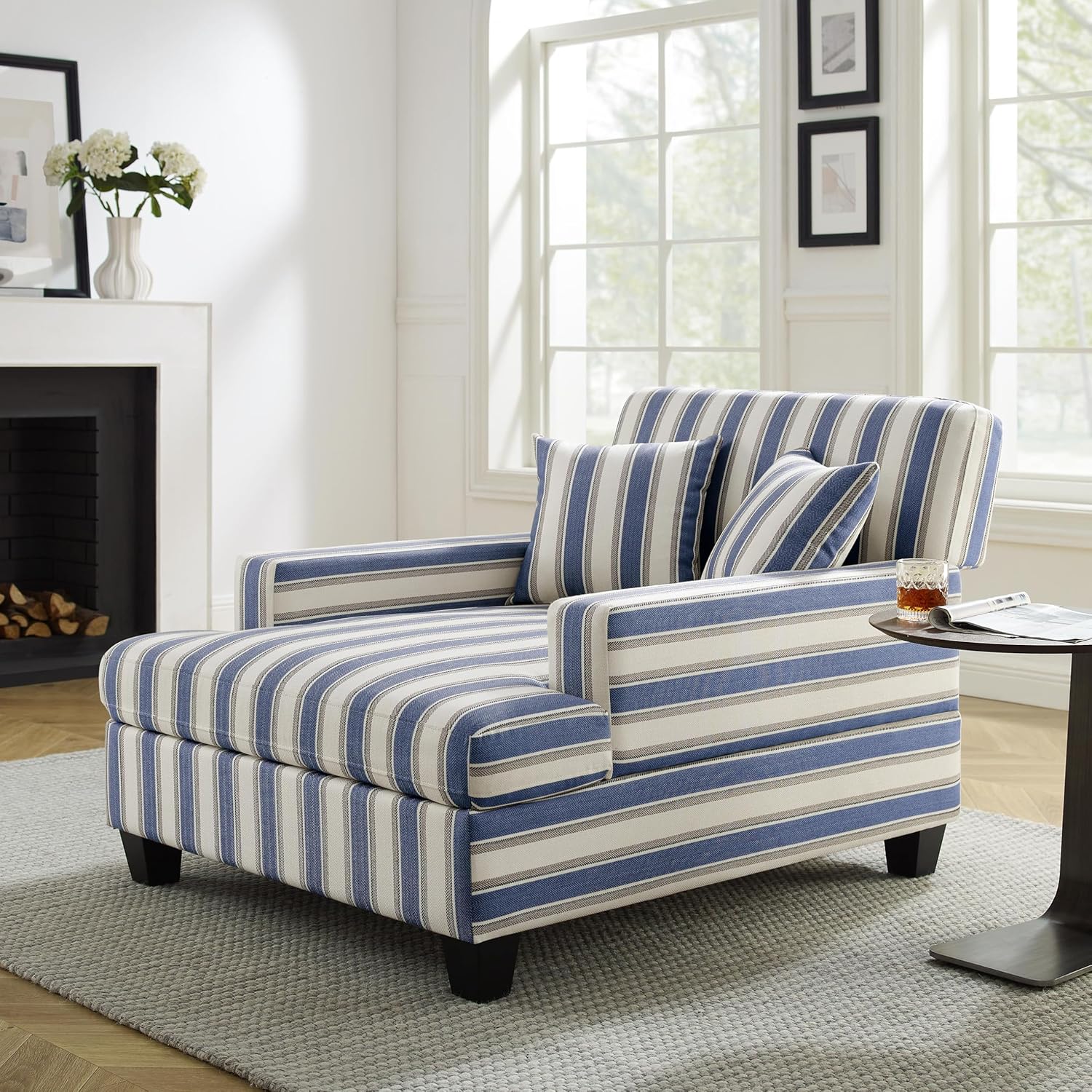 VANOMi Chaise Lounge Chair 47", Recliner Sleeper Sofa with Adjustable Backrest & Pillows, Oversized Upholstered Single Sofa Bed for Adults, Lounge Chair for Living Room, Bedroom, Office (Navy Stripe)