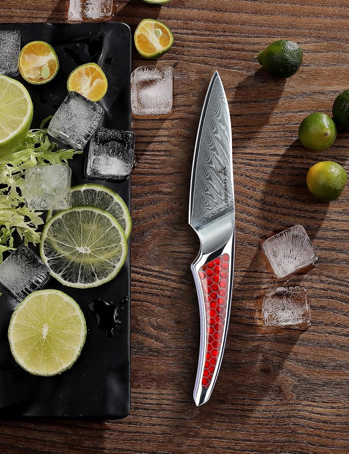 3.5 inch Paring Knife, Japanese VG-10 Damascus Steel Kitchen Knife, Ultra Sharp Fruit Knife with Full-tang Handle in Red Resin, LA-S9 Series