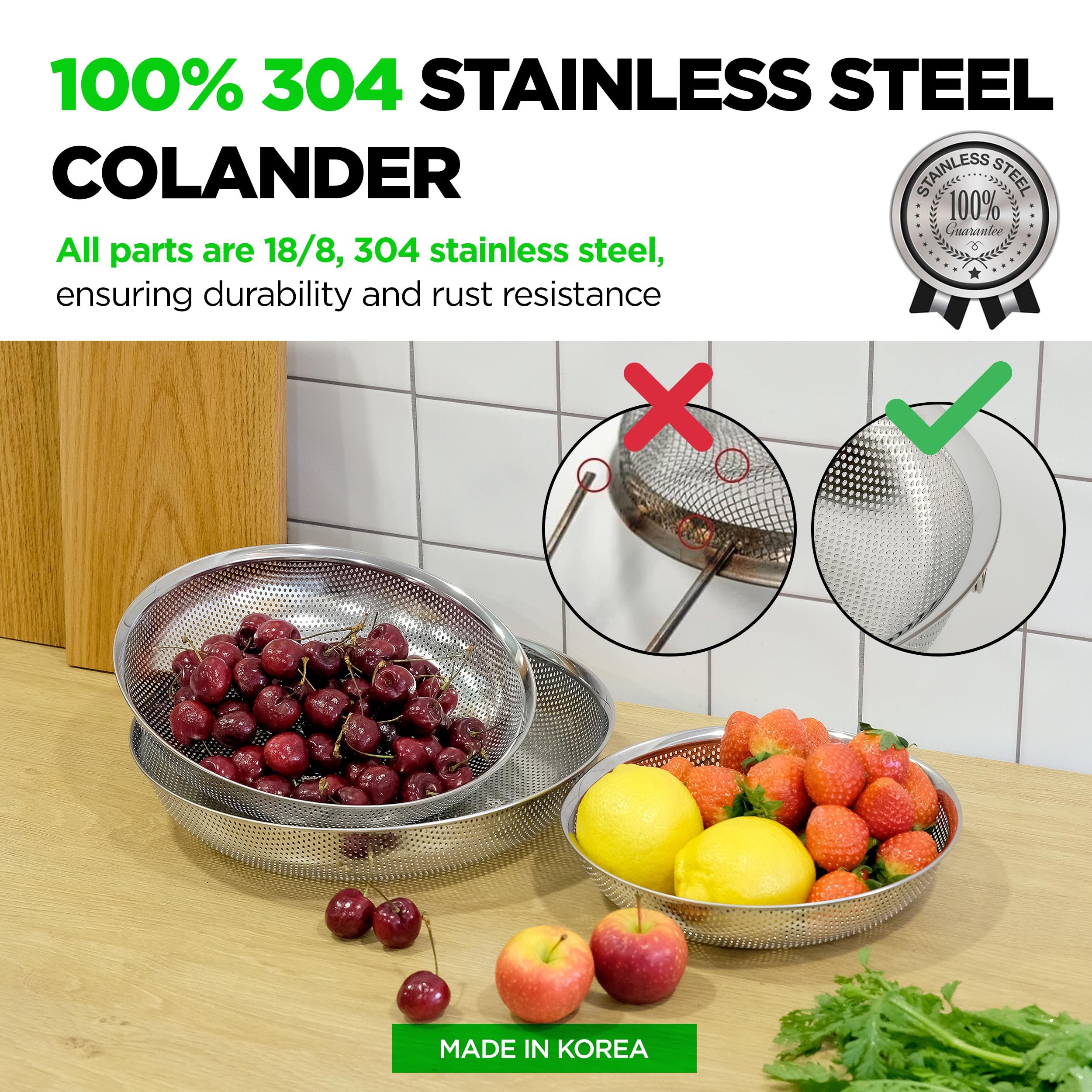 Set di 3 colini comodi di alta qualità, in acciaio inox 18/8 304, con vassoio microperforato poco profondo, 2-3-4 litri, base solida autodrenante per pasta, frutta, verdura, prodotto in