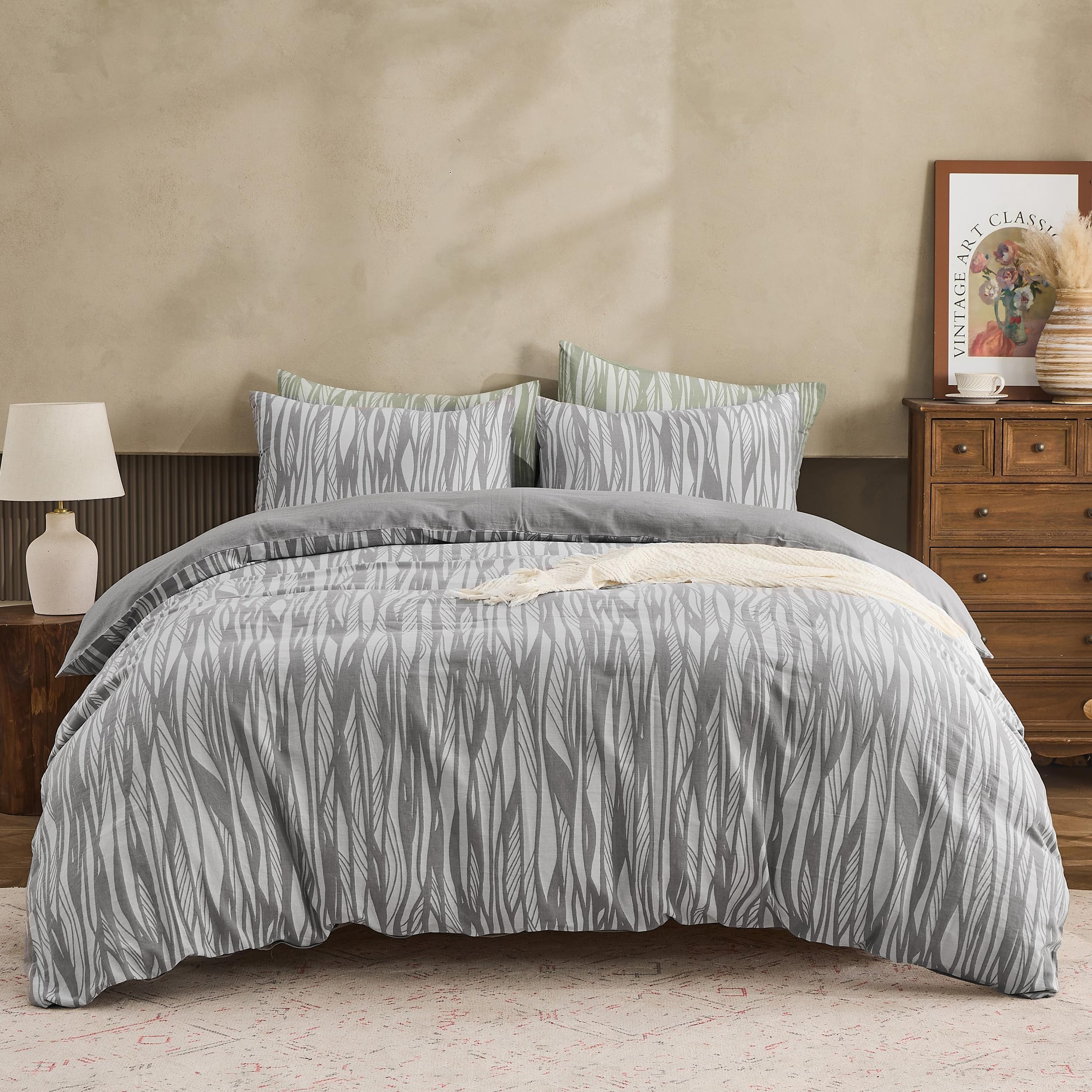 Parure de lit grise anti-glisse en pur coton avec housse de couette zippée