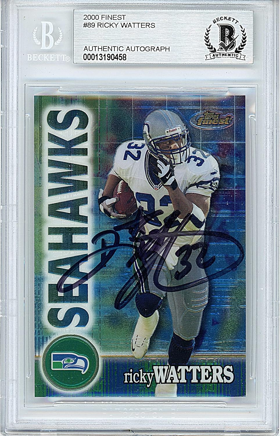 Ricky Watters Autographed 2000 Topps Finest #89 Football Trading Card Slab Beckett BAS Authentic Slabbed COA Played For Seattle Seahawks NFL