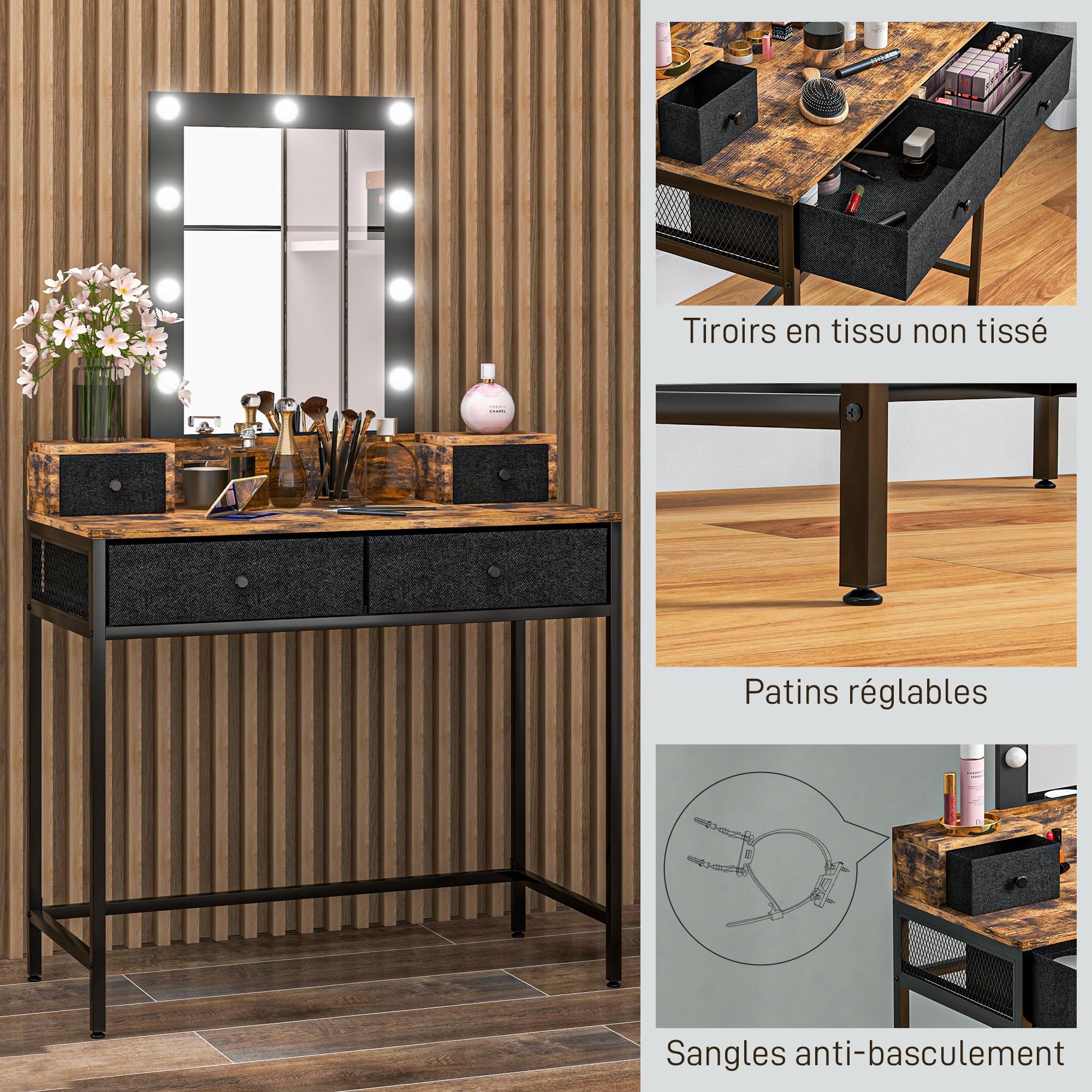HOMCOM Coiffeuse Miroir LED Intégré 90L x 40l x 148H cm Aspect Bois Foncé